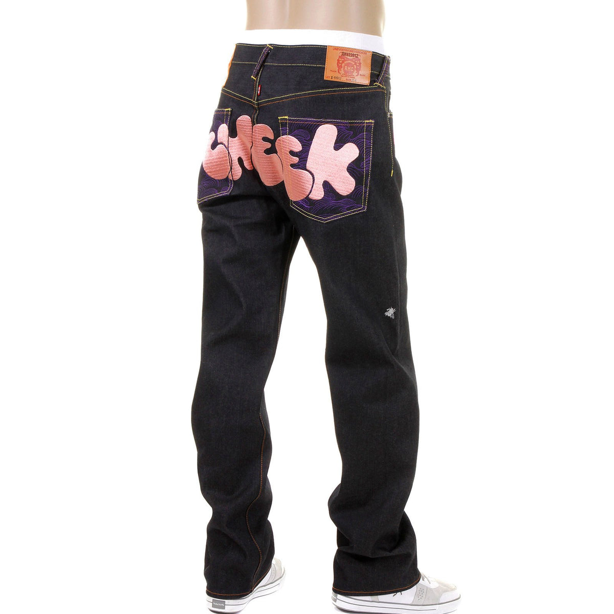 RMC JEANS DARK INDIGO VINTAGE CUT RAW DENIM JEANS WITH DIZZEE RASCAL TONGUE N CHEEK PURPLE EMBROIDERY REDM5658