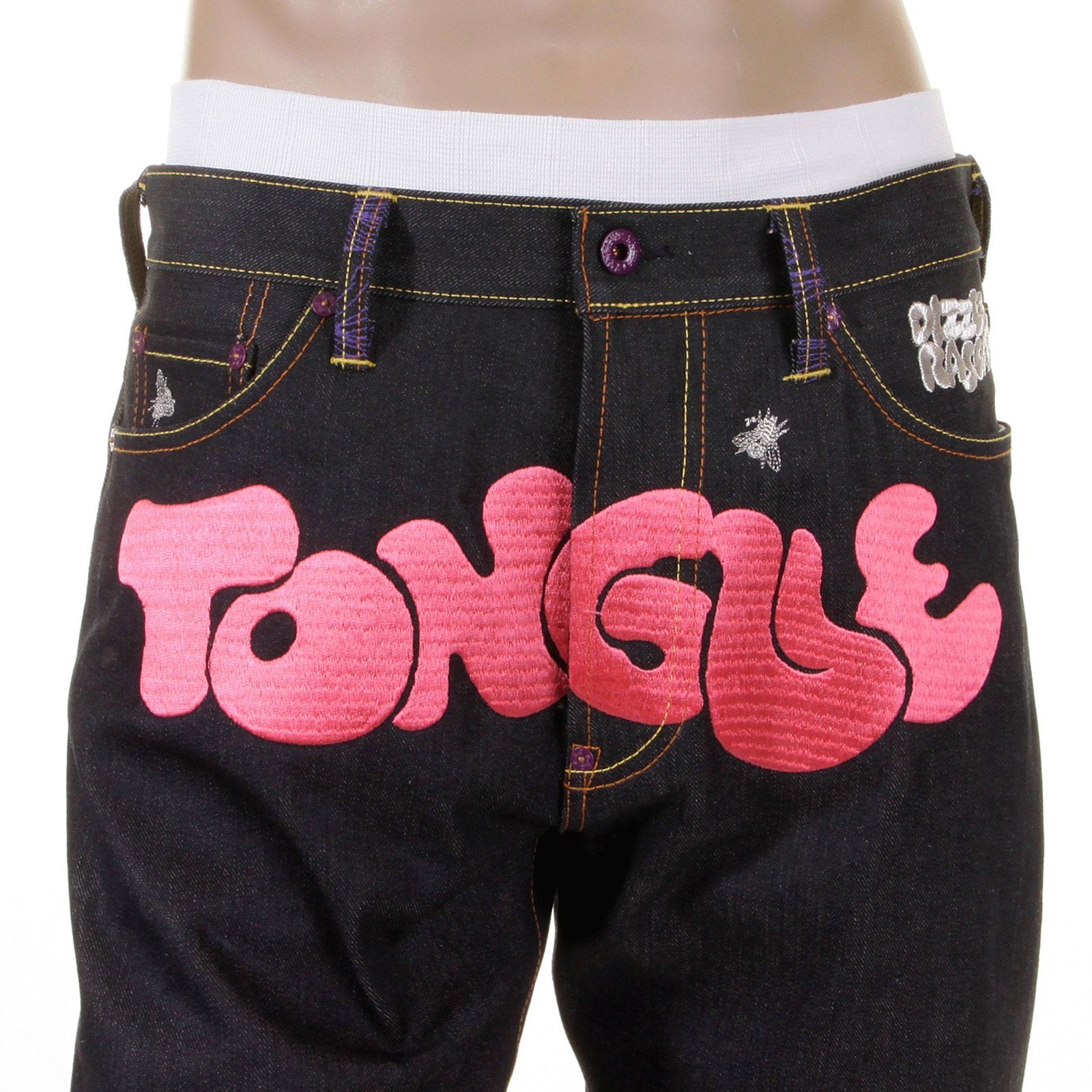 RMC JEANS DARK INDIGO VINTAGE CUT RAW DENIM JEANS WITH DIZZEE RASCAL TONGUE N CHEEK PURPLE EMBROIDERY REDM5658