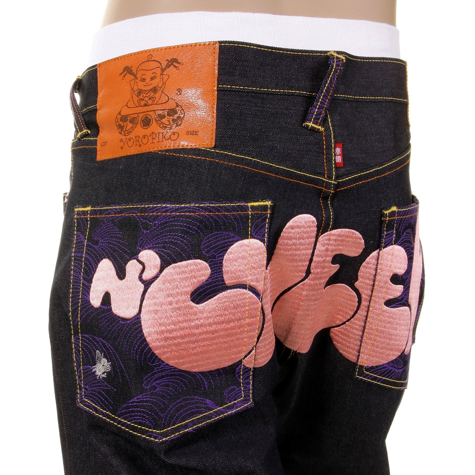 RMC JEANS DARK INDIGO VINTAGE CUT RAW DENIM JEANS WITH DIZZEE RASCAL TONGUE N CHEEK PURPLE EMBROIDERY REDM5658