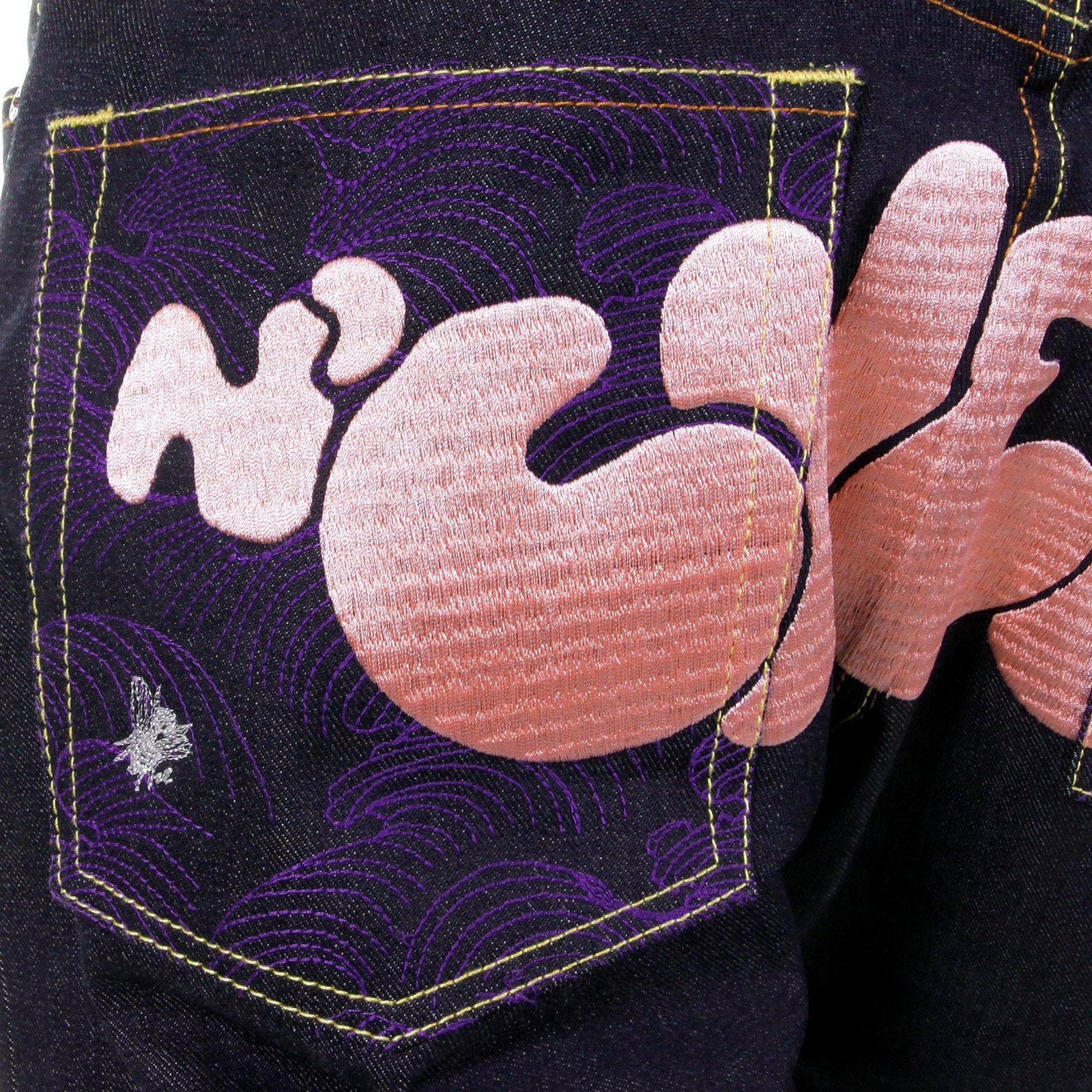 RMC JEANS DARK INDIGO VINTAGE CUT RAW DENIM JEANS WITH DIZZEE RASCAL TONGUE N CHEEK PURPLE EMBROIDERY REDM5658