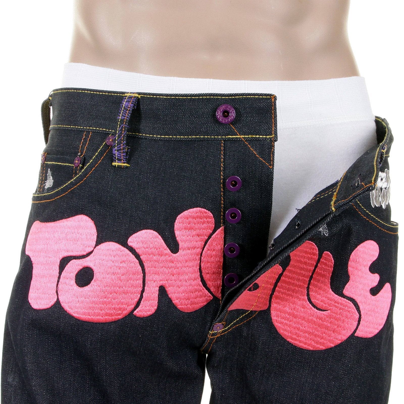 RMC JEANS DARK INDIGO VINTAGE CUT RAW DENIM JEANS WITH DIZZEE RASCAL TONGUE N CHEEK PURPLE EMBROIDERY REDM5658