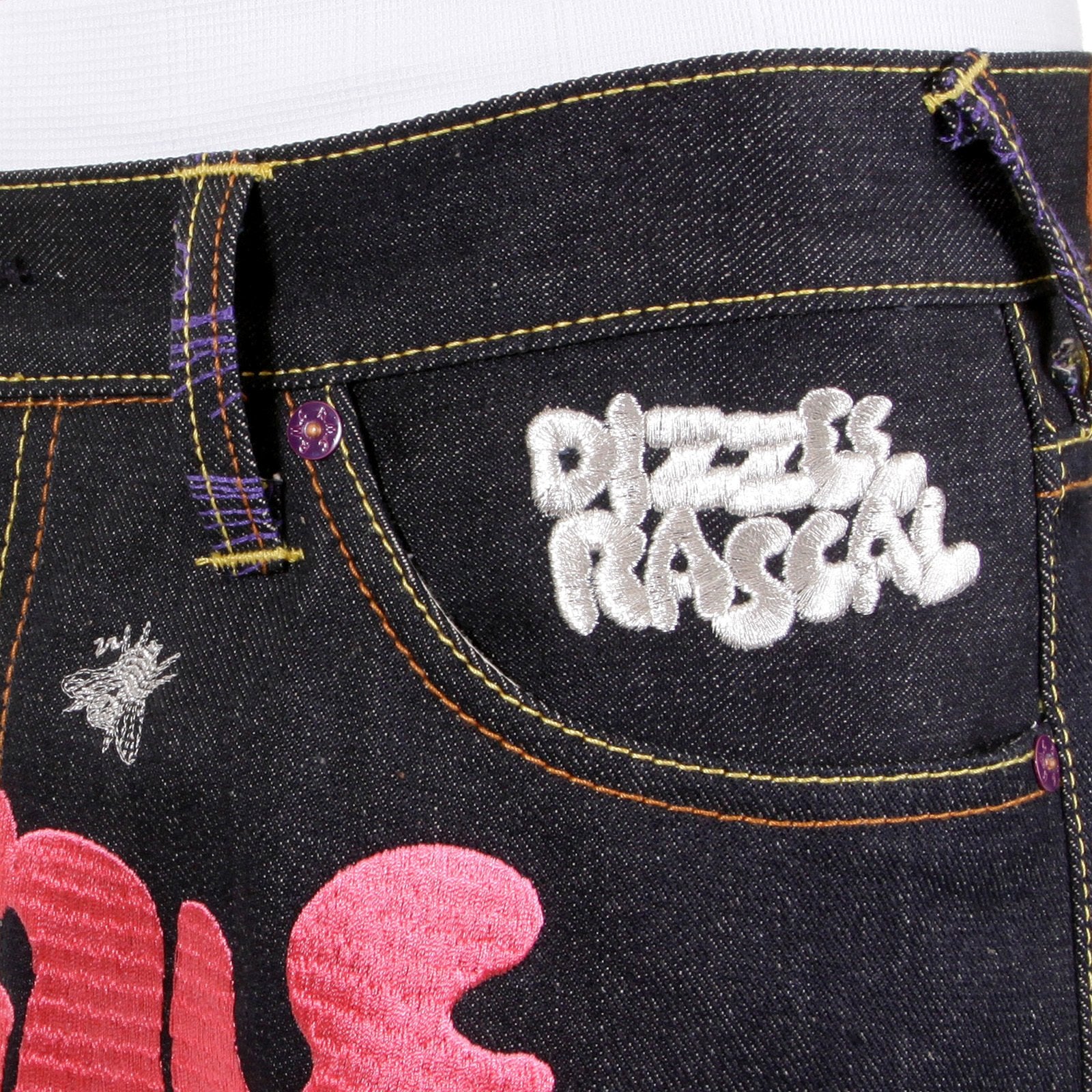 RMC JEANS DARK INDIGO VINTAGE CUT RAW DENIM JEANS WITH DIZZEE RASCAL TONGUE N CHEEK PURPLE EMBROIDERY REDM5658
