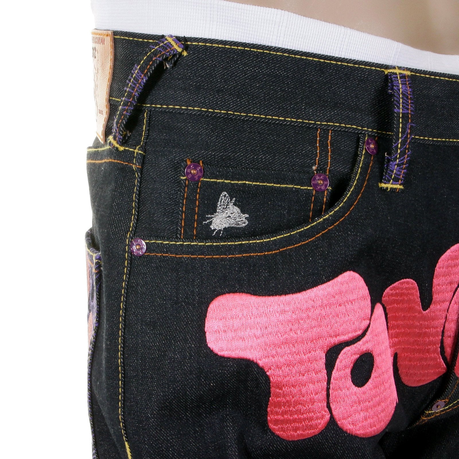 RMC JEANS DARK INDIGO VINTAGE CUT RAW DENIM JEANS WITH DIZZEE RASCAL TONGUE N CHEEK PURPLE EMBROIDERY REDM5658