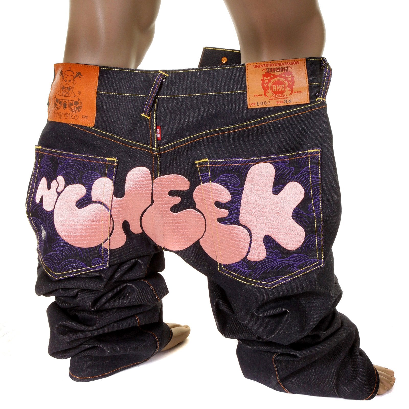 RMC JEANS DARK INDIGO VINTAGE CUT RAW DENIM JEANS WITH DIZZEE RASCAL TONGUE N CHEEK PURPLE EMBROIDERY REDM5658