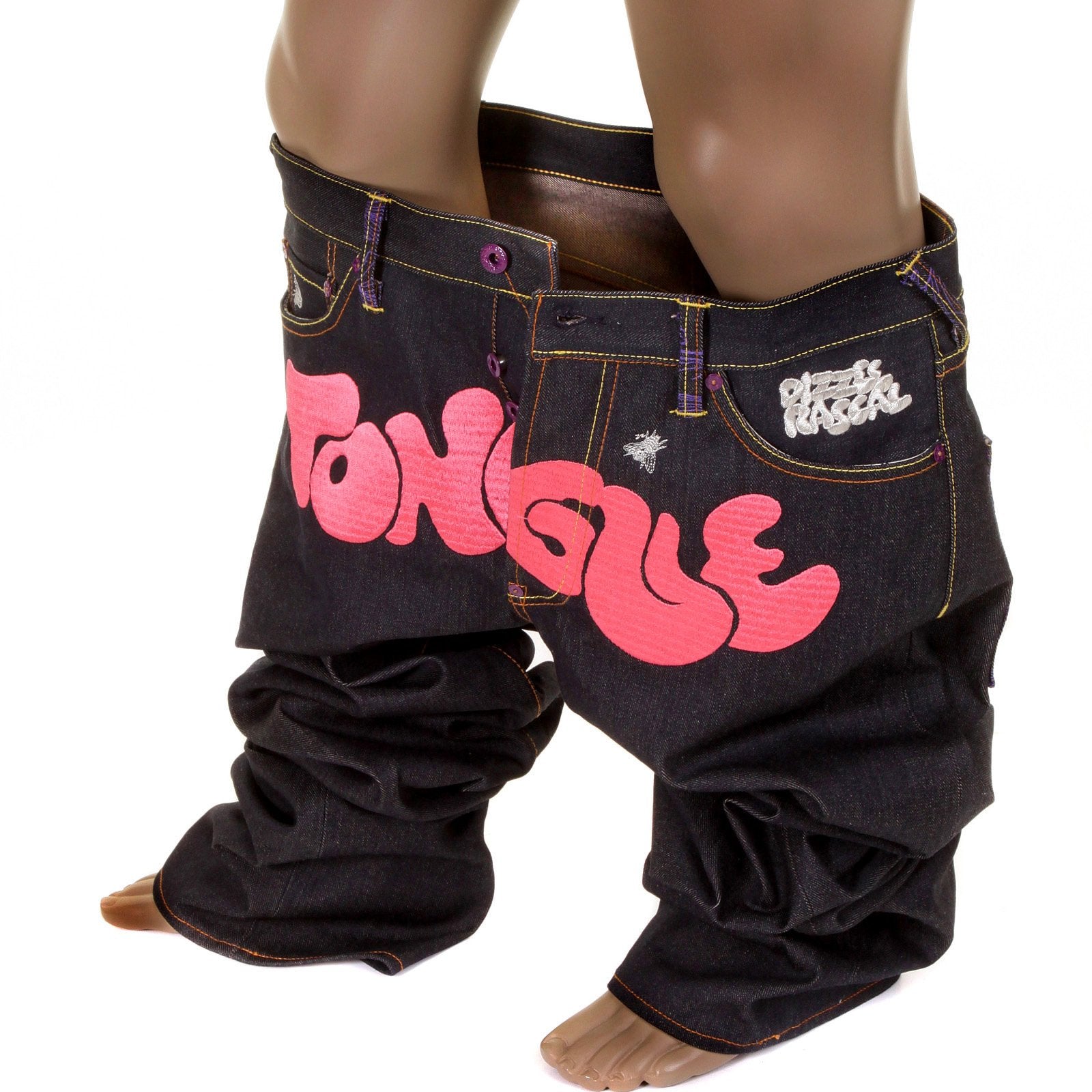 RMC JEANS DARK INDIGO VINTAGE CUT RAW DENIM JEANS WITH DIZZEE RASCAL TONGUE N CHEEK PURPLE EMBROIDERY REDM5658