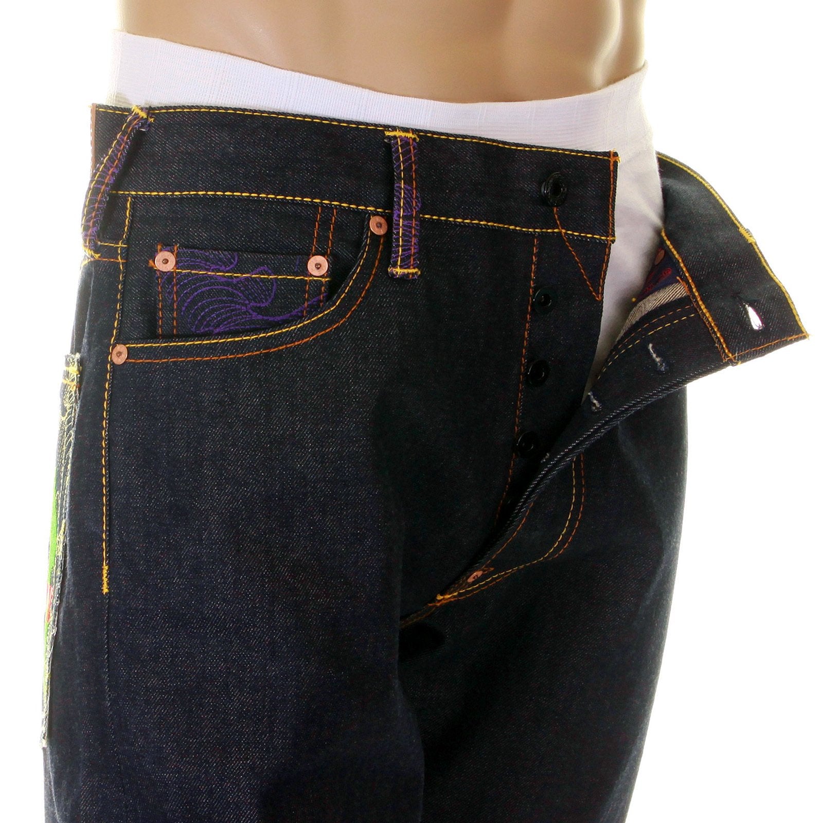 RMC MARTIN KSOHOH X YAKULT SUPER EXCLUSIVE DARK INDIGO RAW DENIM 40TH ANNIVERSARY EMBROIDERED JEANS REDM3975