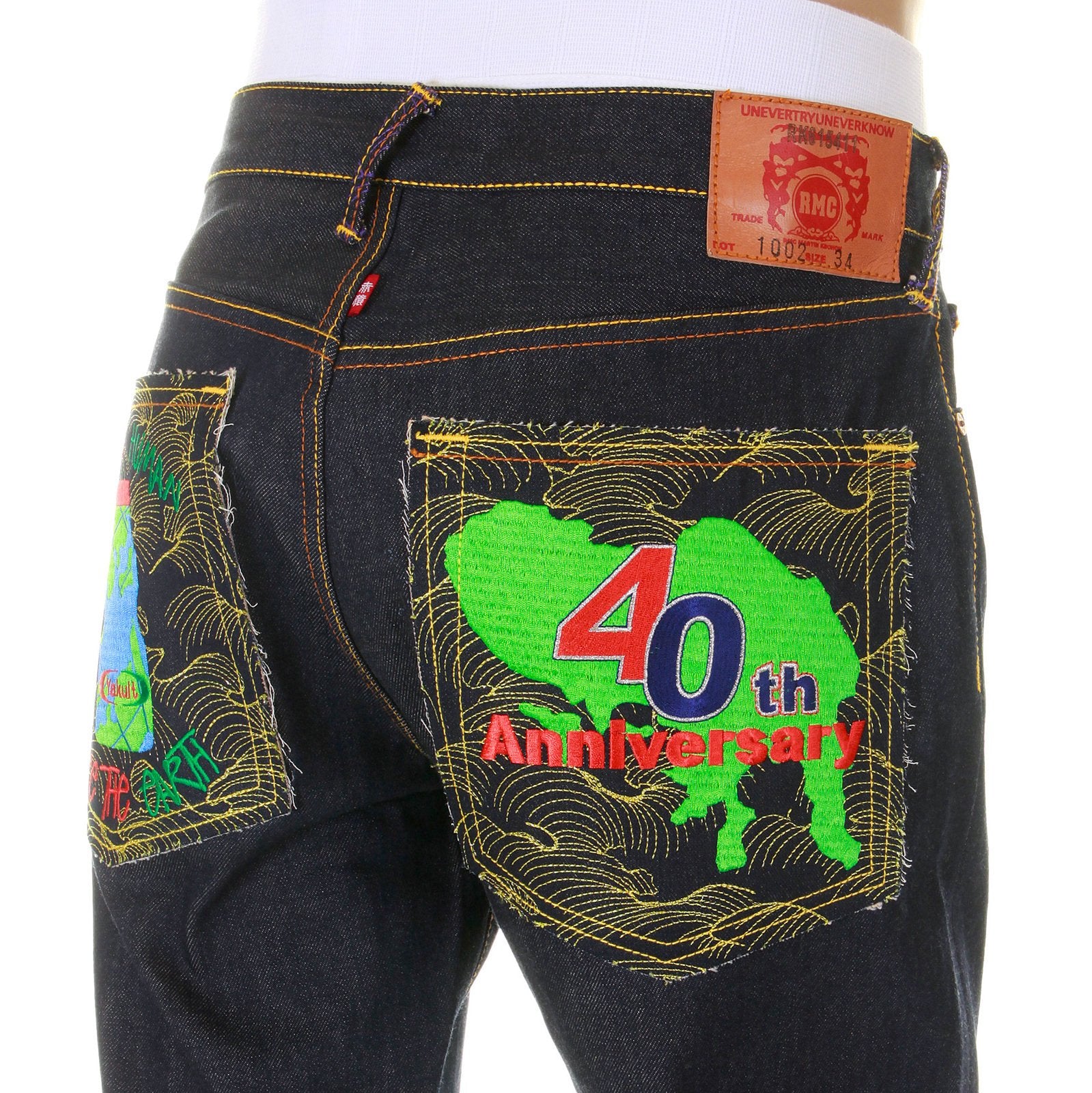 RMC MARTIN KSOHOH X YAKULT SUPER EXCLUSIVE DARK INDIGO RAW DENIM 40TH ANNIVERSARY EMBROIDERED JEANS REDM3975