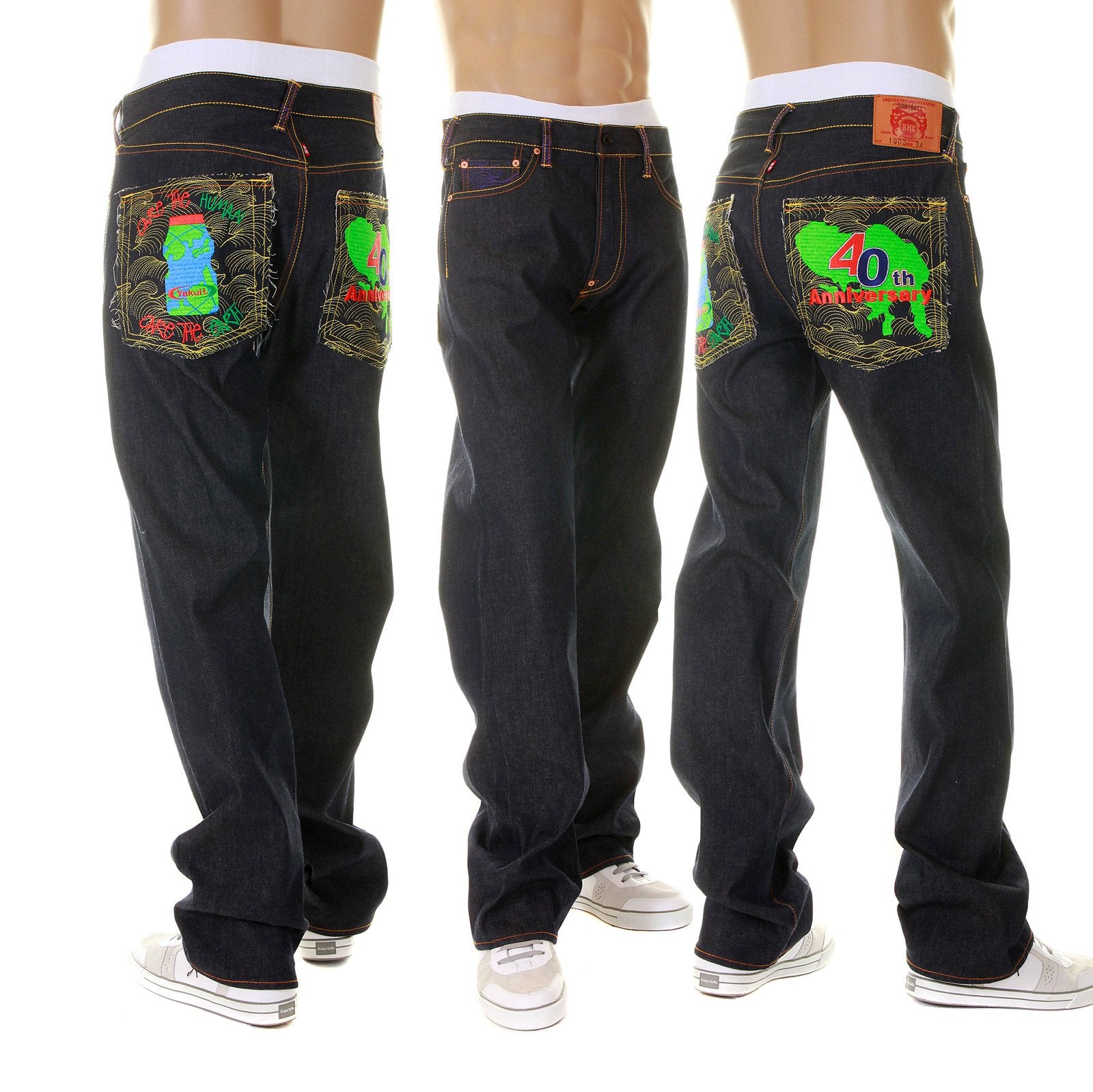 RMC MARTIN KSOHOH X YAKULT SUPER EXCLUSIVE DARK INDIGO RAW DENIM 40TH ANNIVERSARY EMBROIDERED JEANS REDM3975