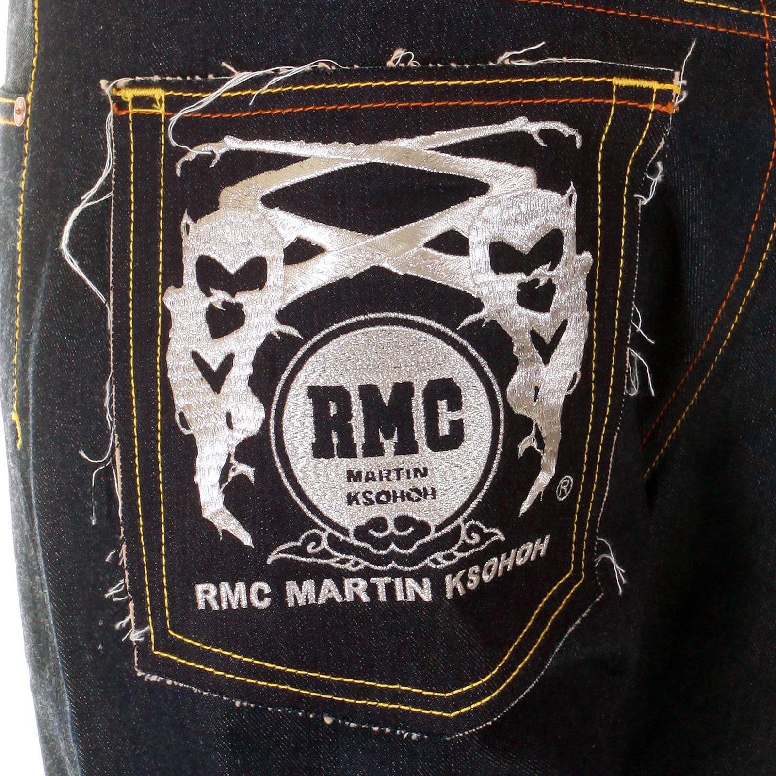RMC MARTIN KSOHOH HOUSE SELVEDGE RAW DENIM VINTAGE CUT WORK N PLAY SILVER EMBROIDERED JEANS FOR MEN REDM3730
