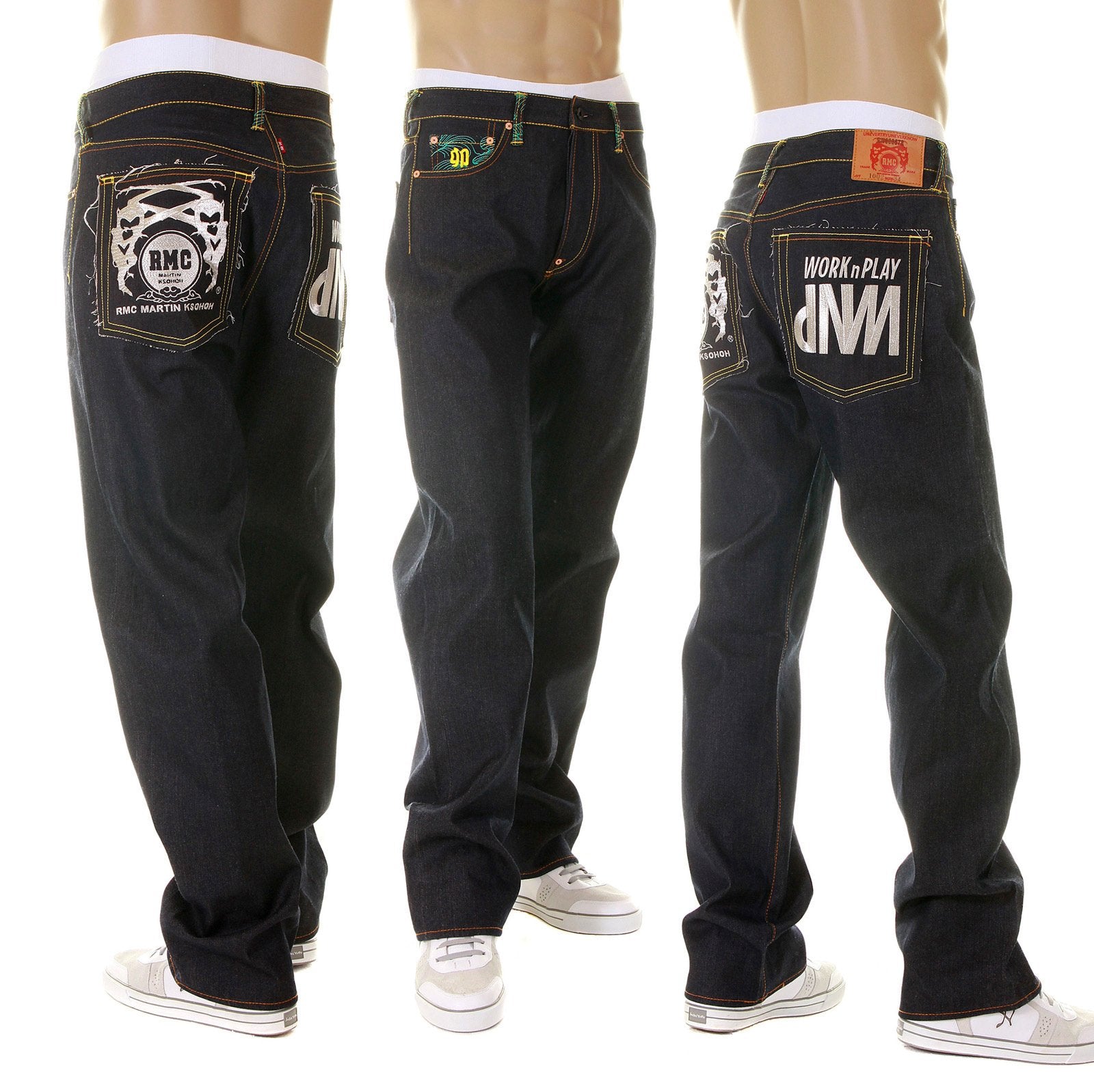 RMC MARTIN KSOHOH HOUSE SELVEDGE RAW DENIM VINTAGE CUT WORK N PLAY SILVER EMBROIDERED JEANS FOR MEN REDM3730
