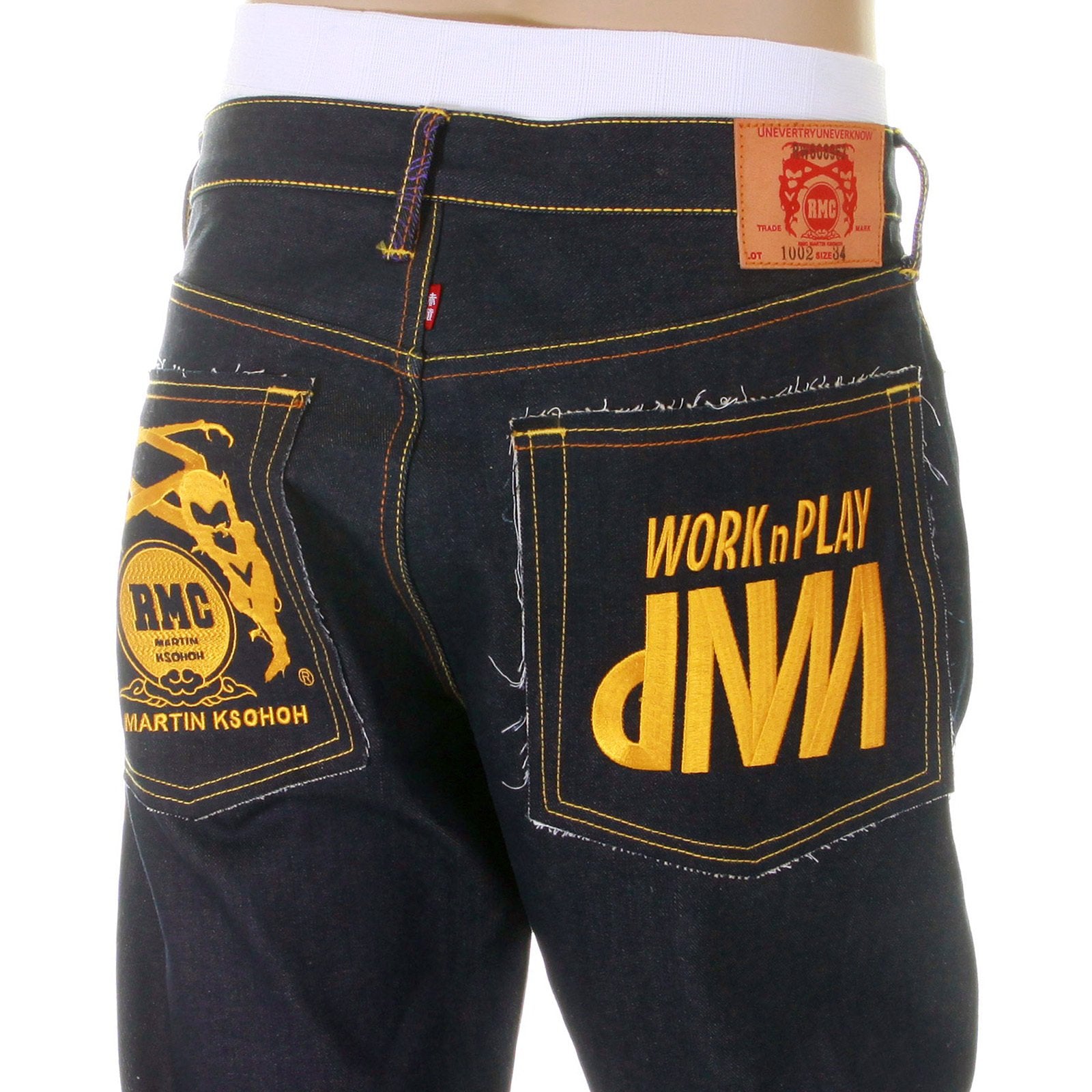 RMC MARTIN KSOHOH SUPER EXCLUSIVE DESIGN WORK N PLAY GOLD EMBROIDERED DARK INDIGO RAW DENIM JEANS REDM3731