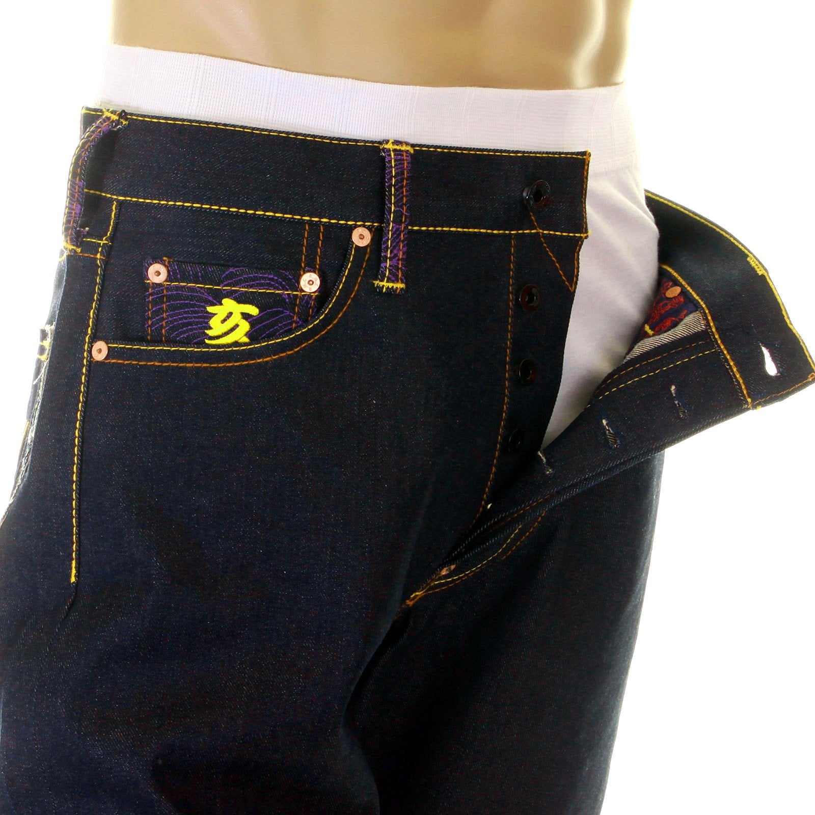 RMC MARTIN KSOHOH SUPER EXCLUSIVE DESIGN WORK N PLAY GOLD EMBROIDERED DARK INDIGO RAW DENIM JEANS REDM3731