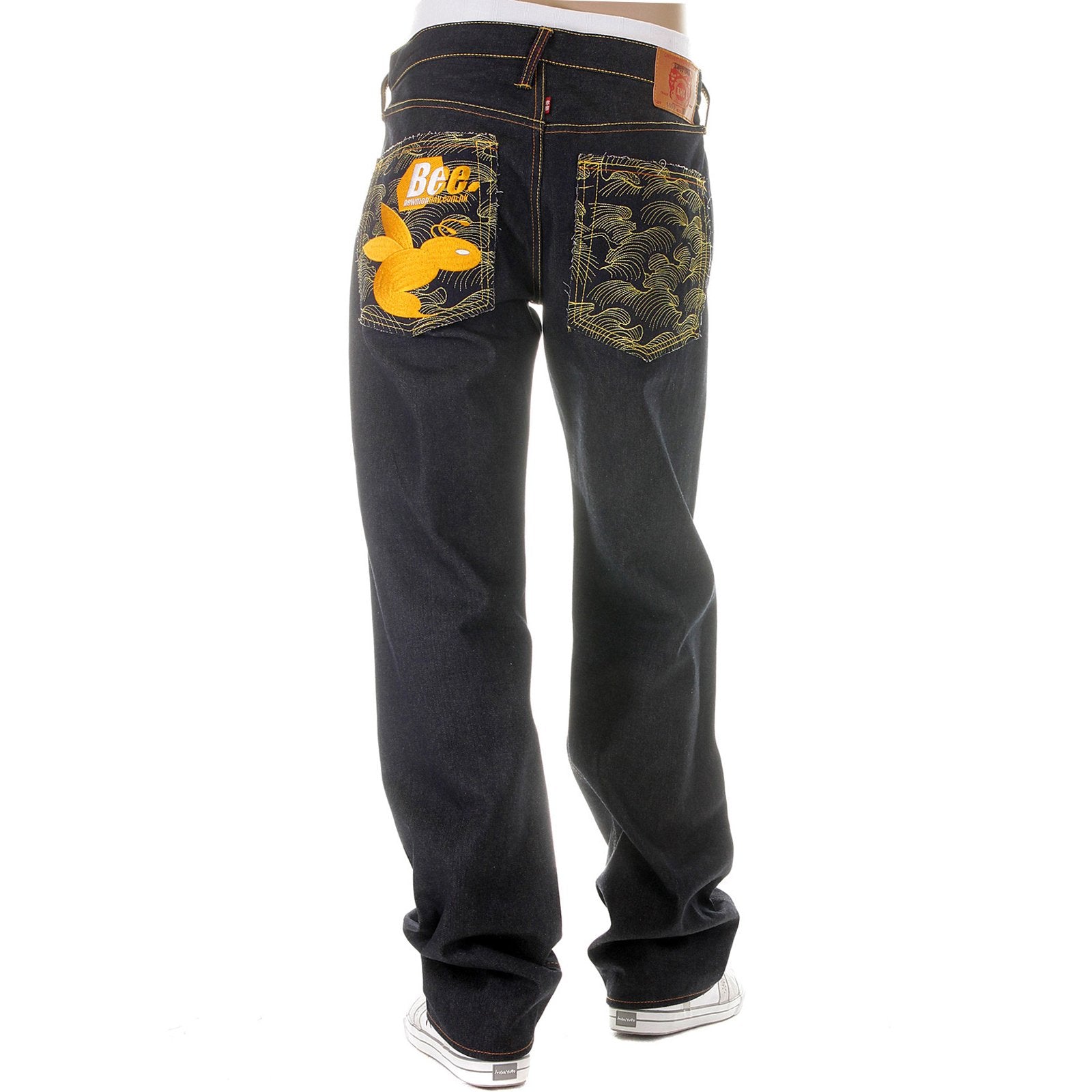 RMC MARTIN KSOHOH MENS VINTAGE CUT DARK INDIGO RAW DENIM JEANS WITH NEW MONDAY BEE EMBROIDERED REDM3979