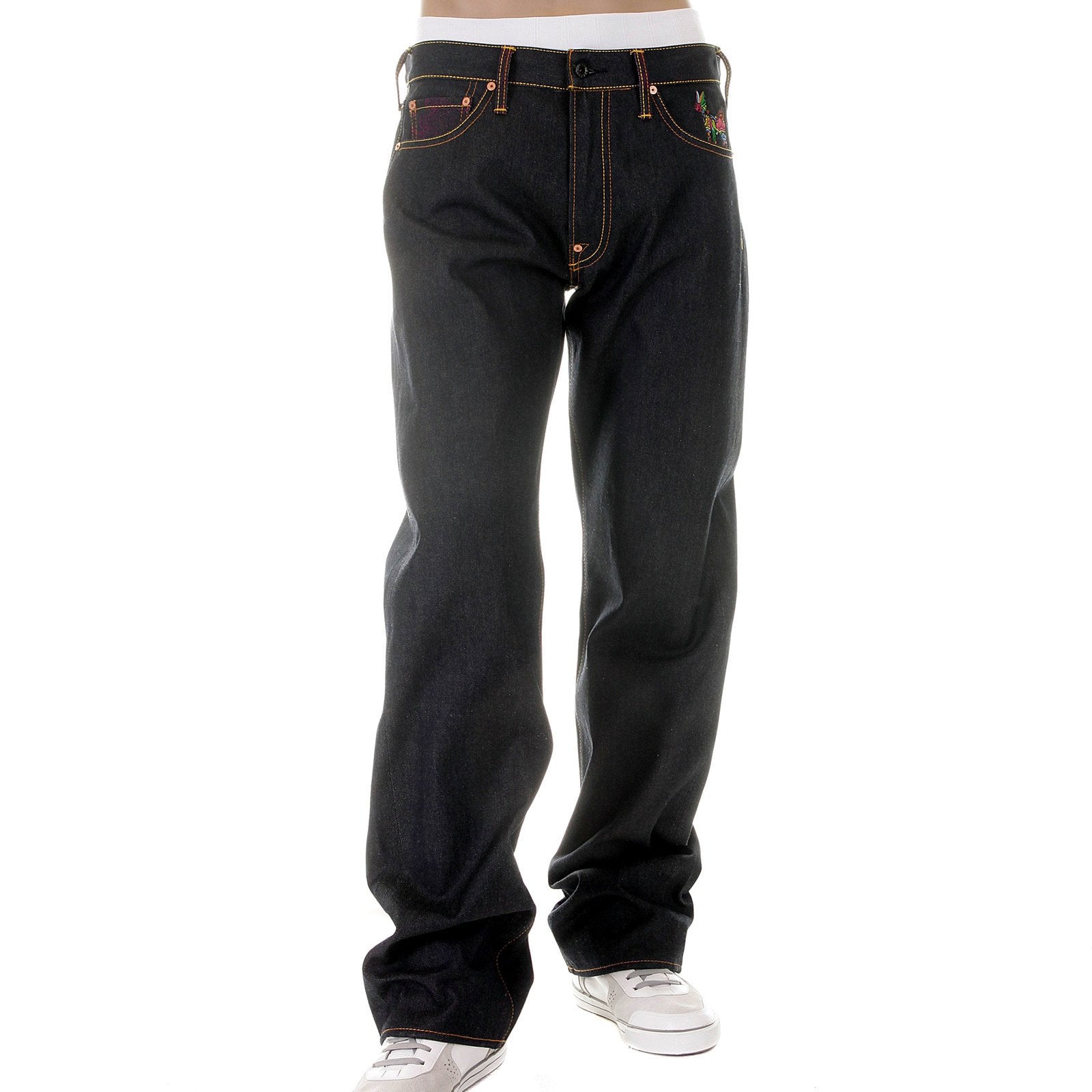 RMC MARTIN KSOHOH MENS VINTAGE CUT DARK INDIGO RAW DENIM JEANS WITH NEW MONDAY BEE EMBROIDERED REDM3979