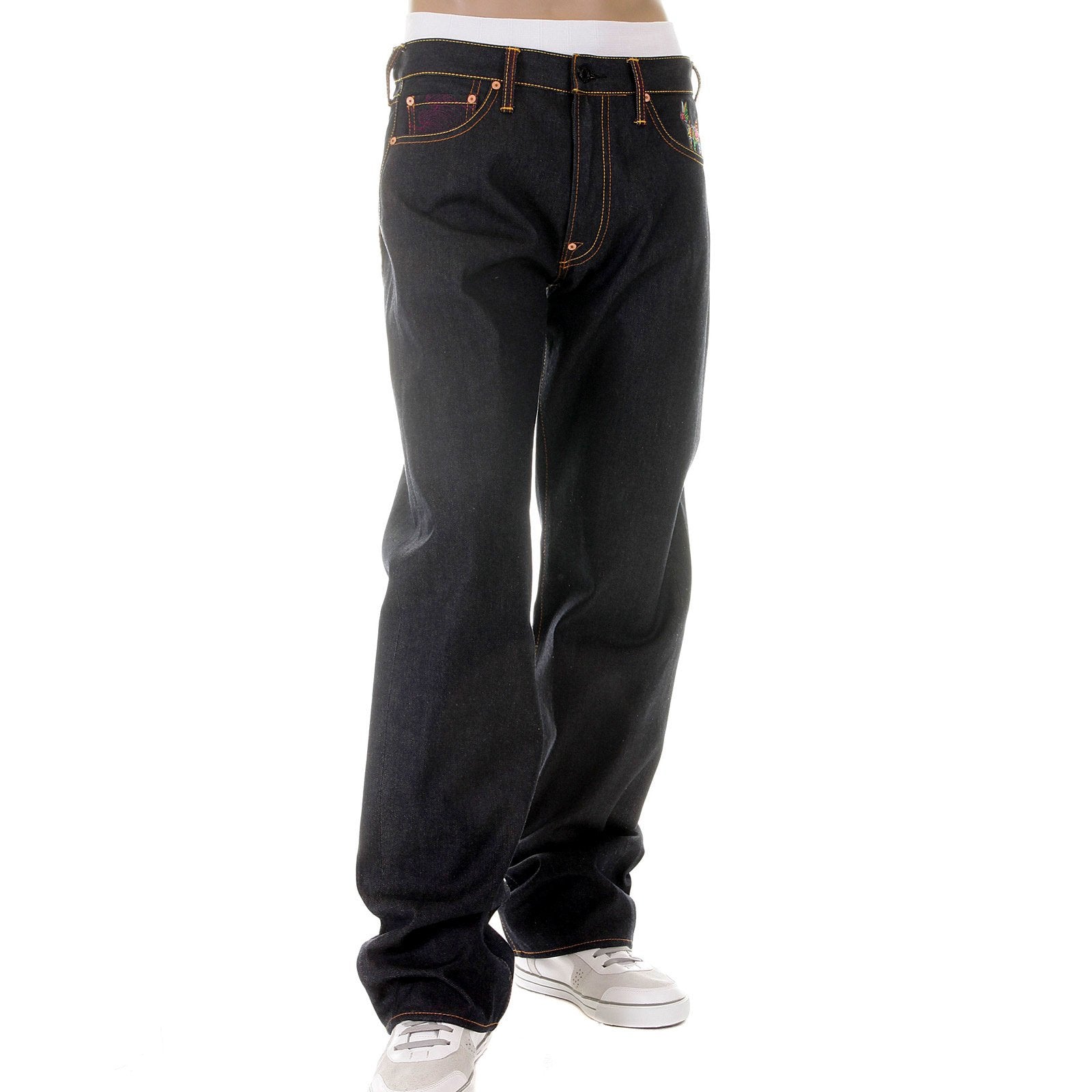 RMC MARTIN KSOHOH MENS VINTAGE CUT DARK INDIGO RAW DENIM JEANS WITH NEW MONDAY BEE EMBROIDERED REDM3979