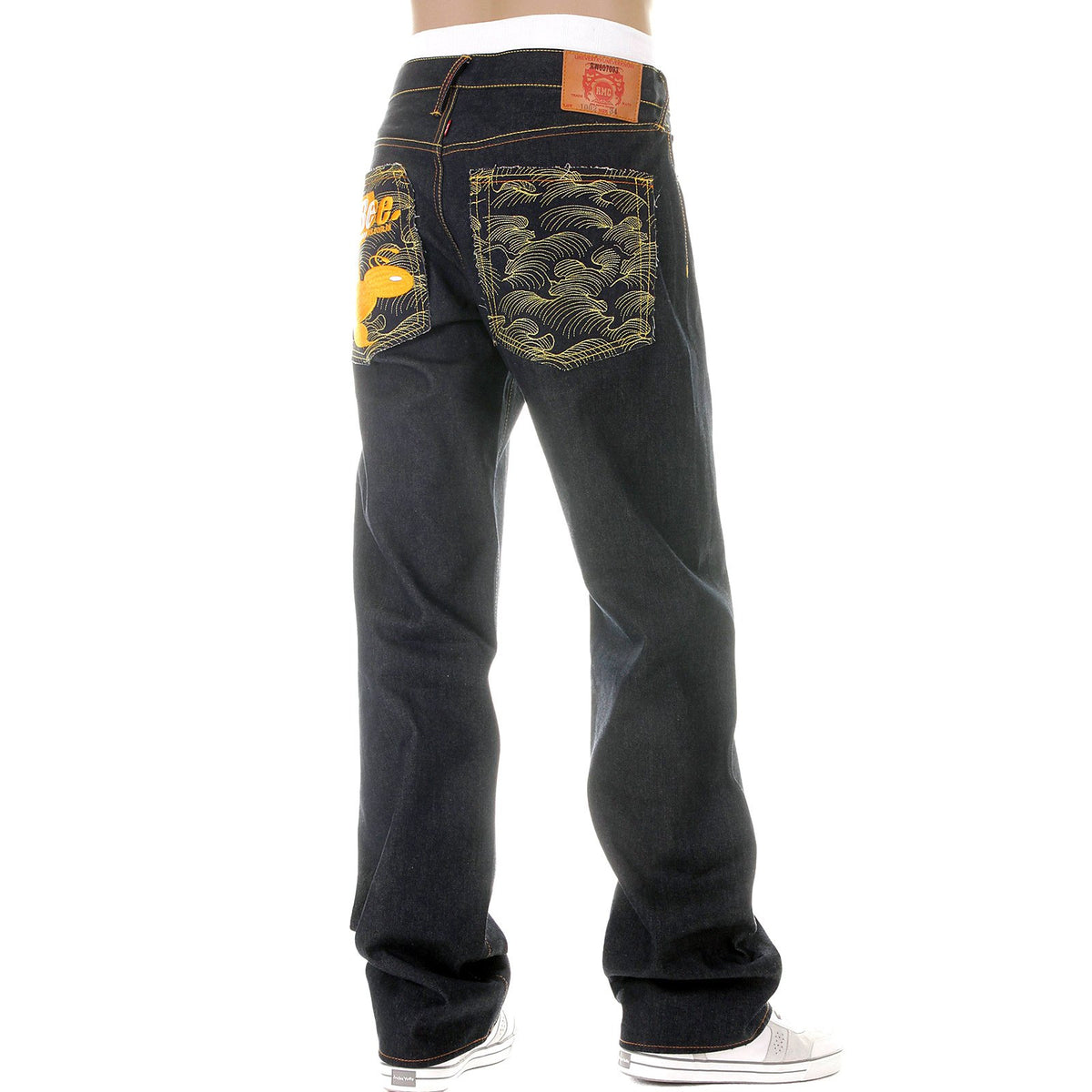 RMC MARTIN KSOHOH MENS VINTAGE CUT DARK INDIGO RAW DENIM JEANS WITH NEW MONDAY BEE EMBROIDERED REDM3979