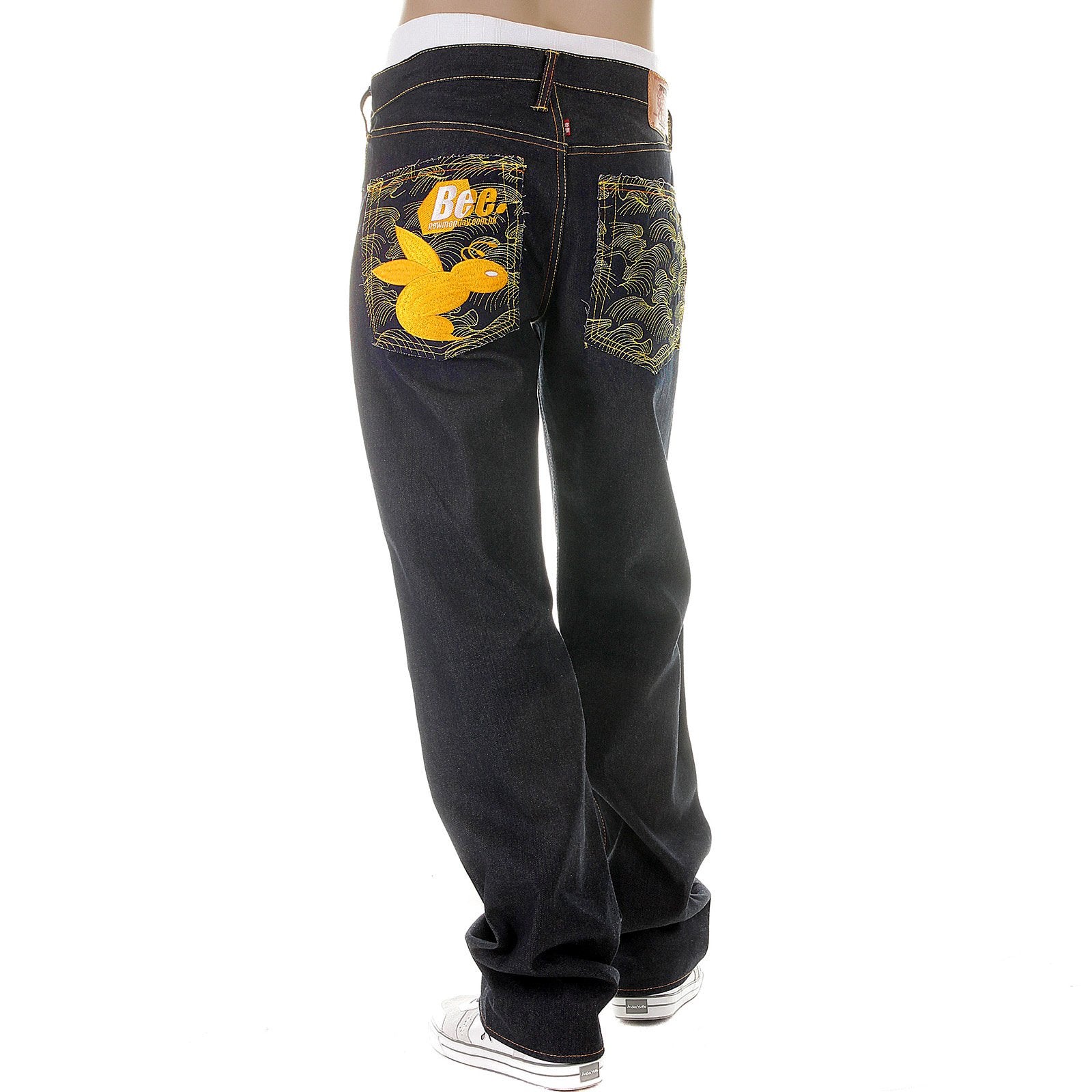 RMC MARTIN KSOHOH MENS VINTAGE CUT DARK INDIGO RAW DENIM JEANS WITH NEW MONDAY BEE EMBROIDERED REDM3979