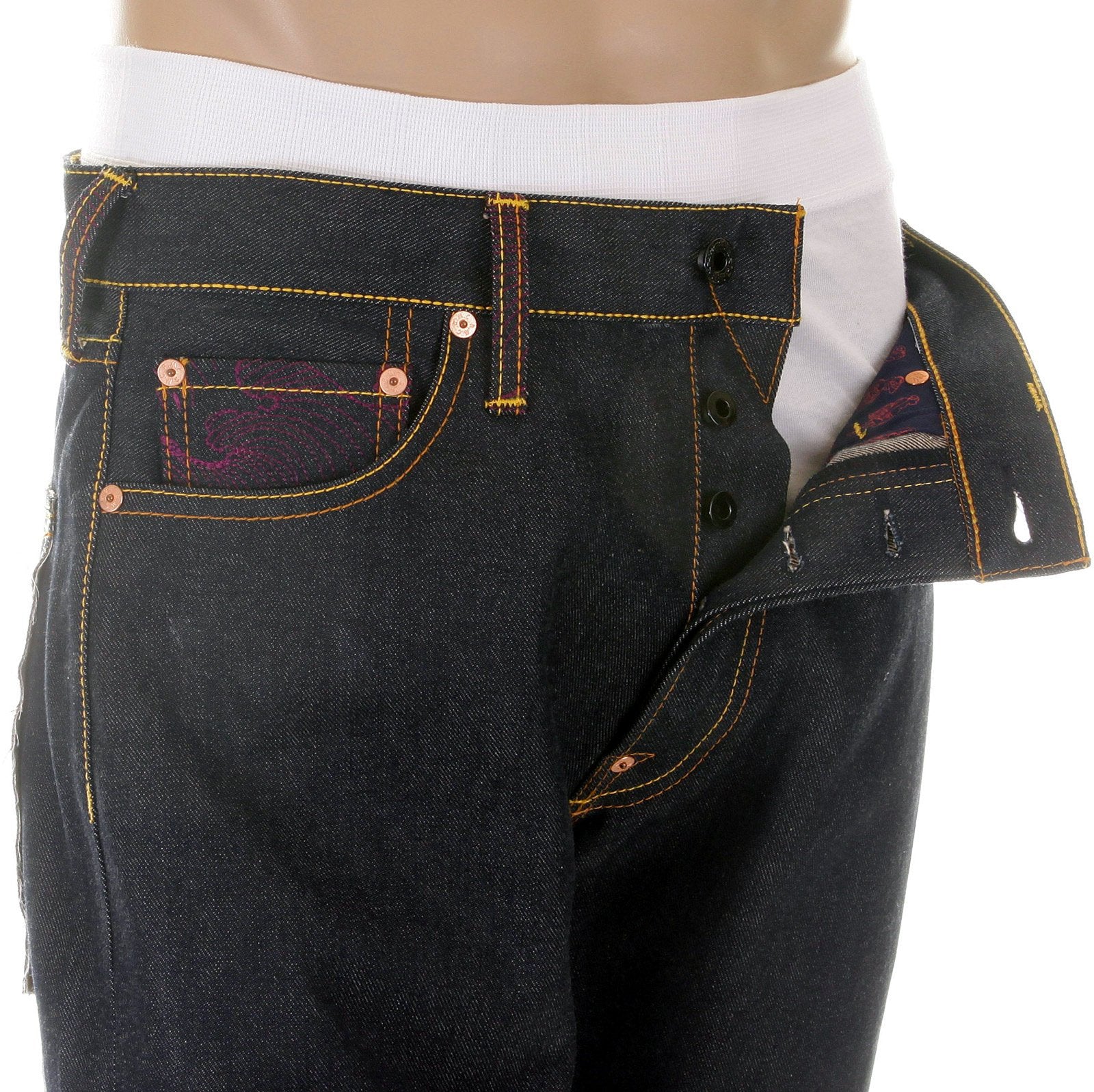 RMC MARTIN KSOHOH MENS VINTAGE CUT DARK INDIGO RAW DENIM JEANS WITH NEW MONDAY BEE EMBROIDERED REDM3979
