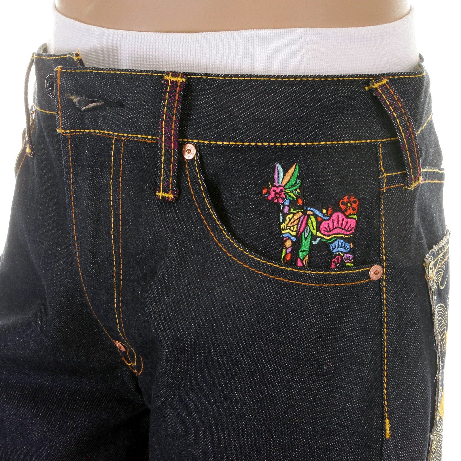 RMC MARTIN KSOHOH MENS VINTAGE CUT DARK INDIGO RAW DENIM JEANS WITH NEW MONDAY BEE EMBROIDERED REDM3979