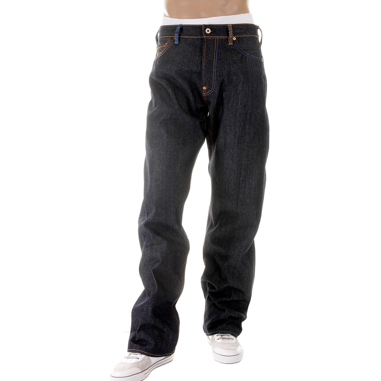 RMC JEANS DARK INDIGO VINTAGE CUT RAW HOUSE SELVEDGE DENIM JEANS WITH MAD PATCH SKY AND BUFF EMBROIDERY REDM3140