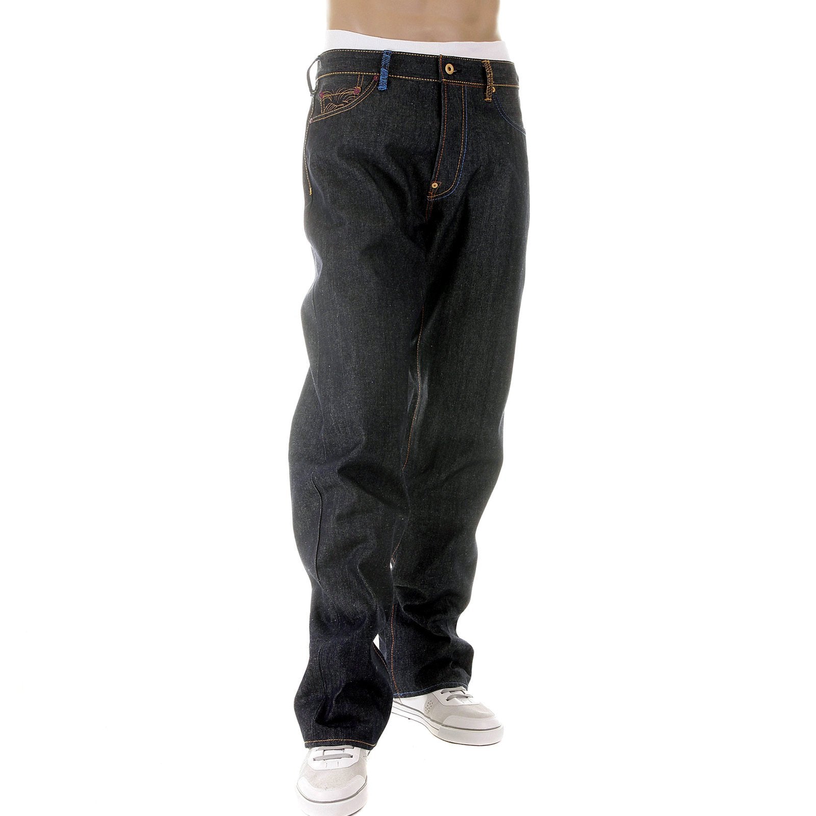 RMC JEANS DARK INDIGO VINTAGE CUT RAW HOUSE SELVEDGE DENIM JEANS WITH MAD PATCH SKY AND BUFF EMBROIDERY REDM3140