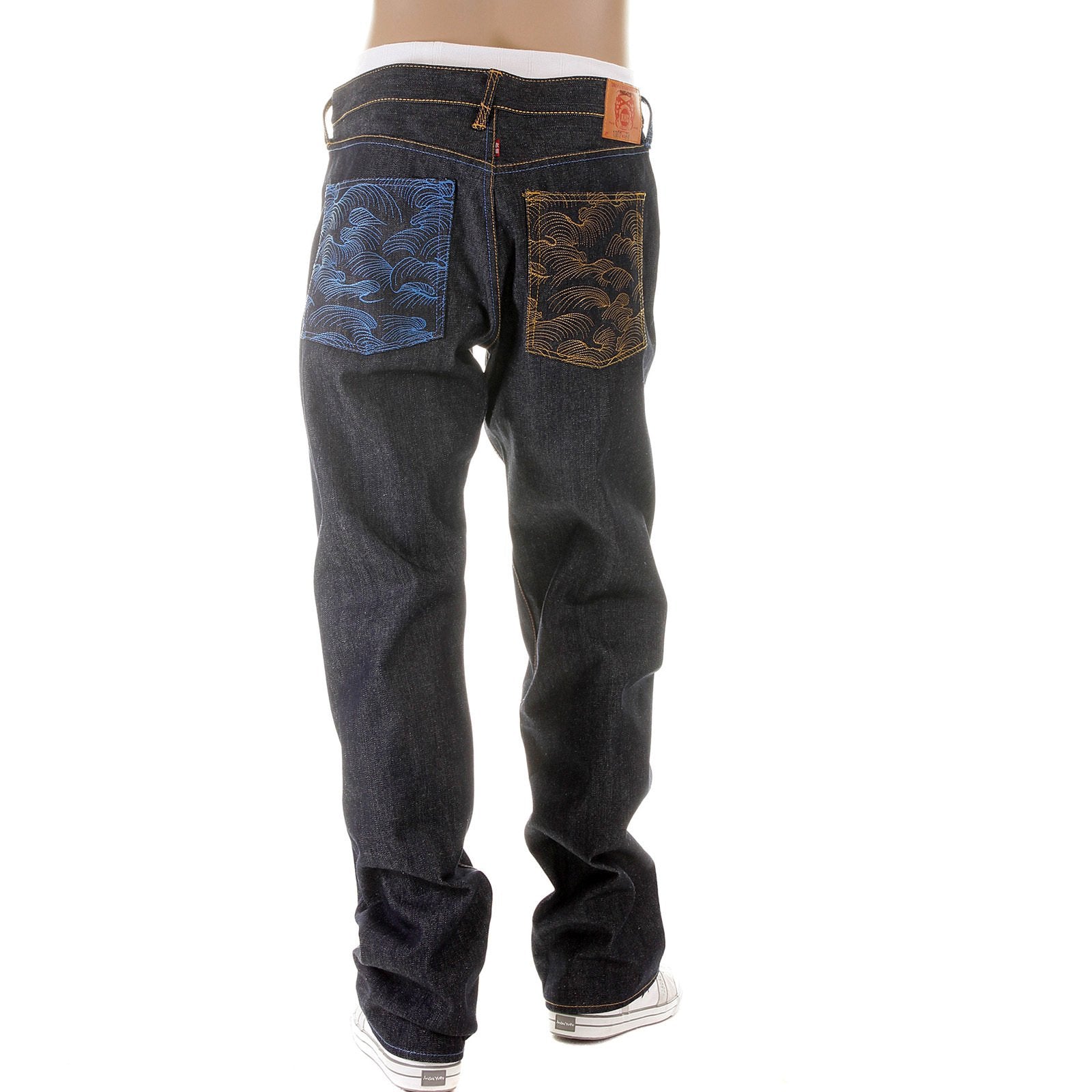 RMC JEANS DARK INDIGO VINTAGE CUT RAW HOUSE SELVEDGE DENIM JEANS WITH MAD PATCH SKY AND BUFF EMBROIDERY REDM3140