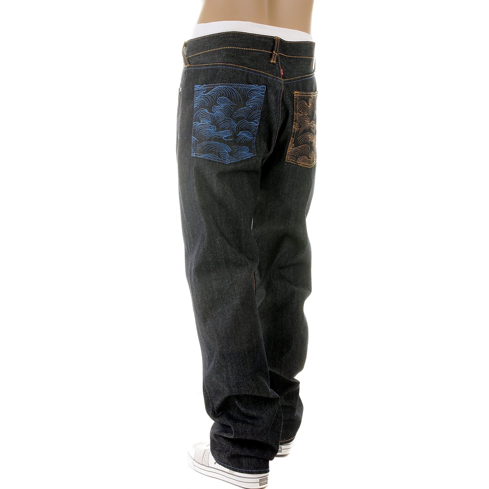 RMC JEANS DARK INDIGO VINTAGE CUT RAW HOUSE SELVEDGE DENIM JEANS WITH MAD PATCH SKY AND BUFF EMBROIDERY REDM3140