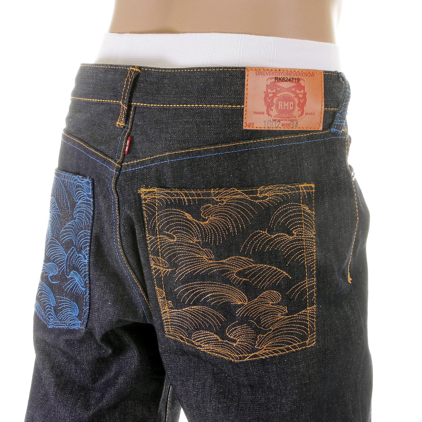 RMC JEANS DARK INDIGO VINTAGE CUT RAW HOUSE SELVEDGE DENIM JEANS WITH MAD PATCH SKY AND BUFF EMBROIDERY REDM3140