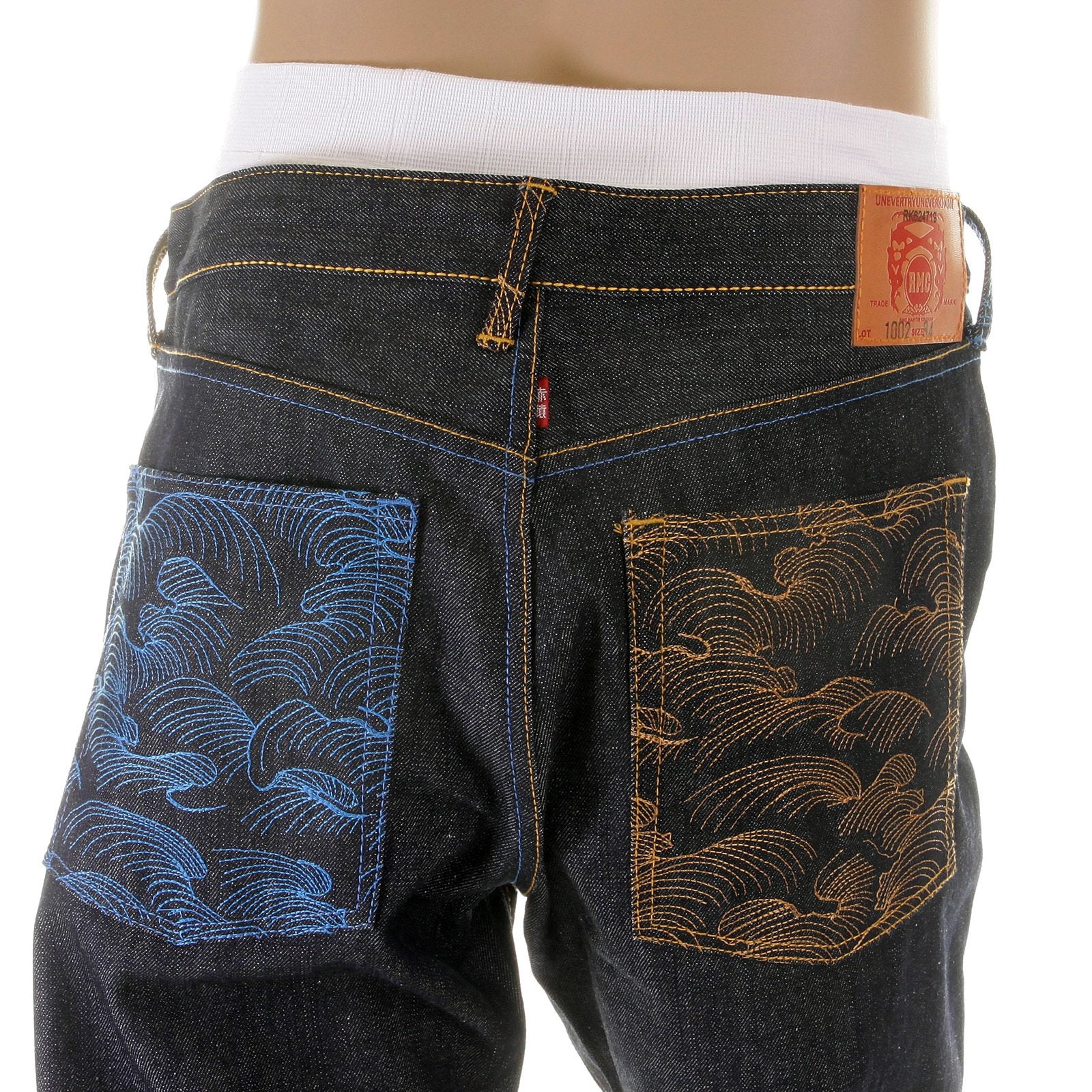 RMC JEANS DARK INDIGO VINTAGE CUT RAW HOUSE SELVEDGE DENIM JEANS WITH MAD PATCH SKY AND BUFF EMBROIDERY REDM3140