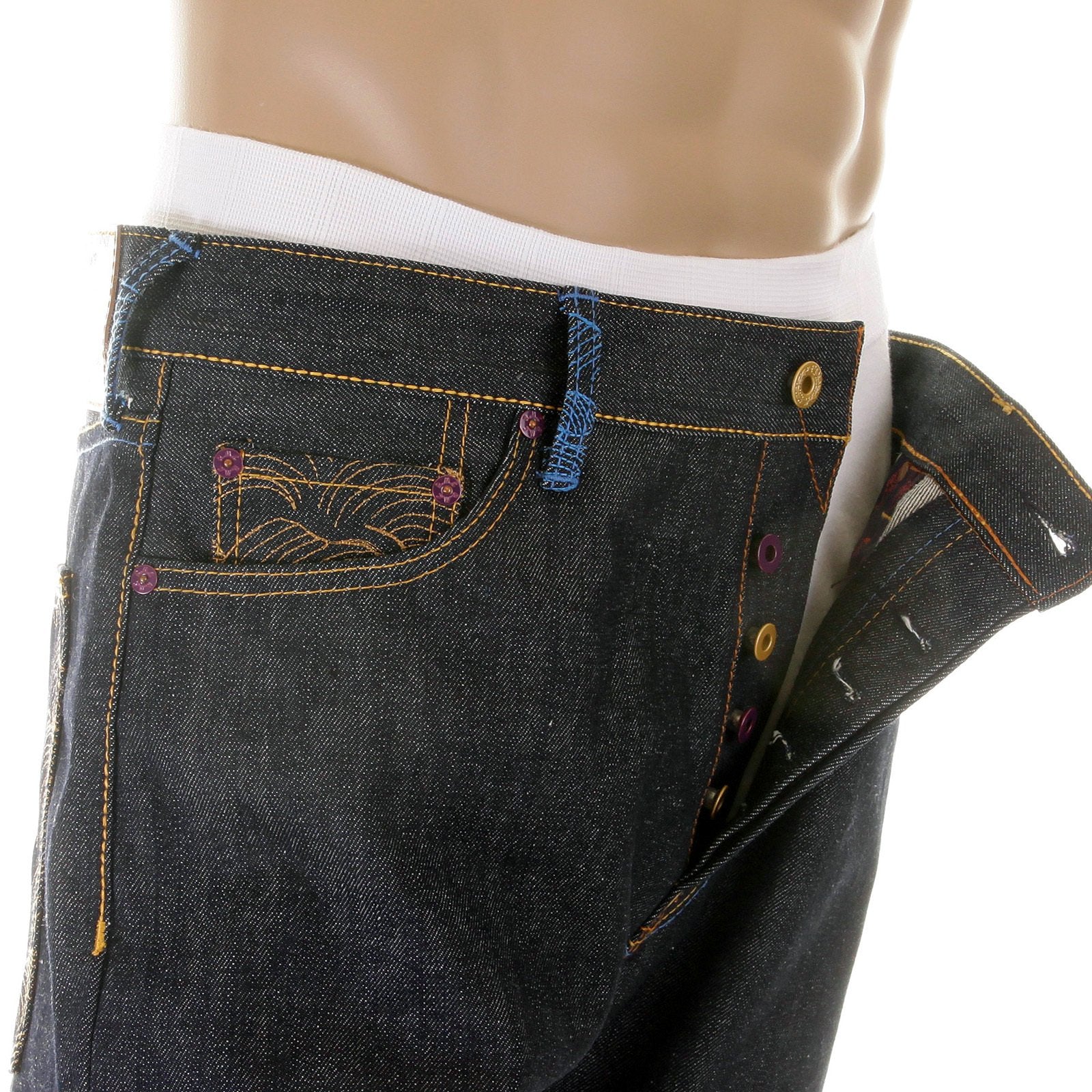 RMC JEANS DARK INDIGO VINTAGE CUT RAW HOUSE SELVEDGE DENIM JEANS WITH MAD PATCH SKY AND BUFF EMBROIDERY REDM3140