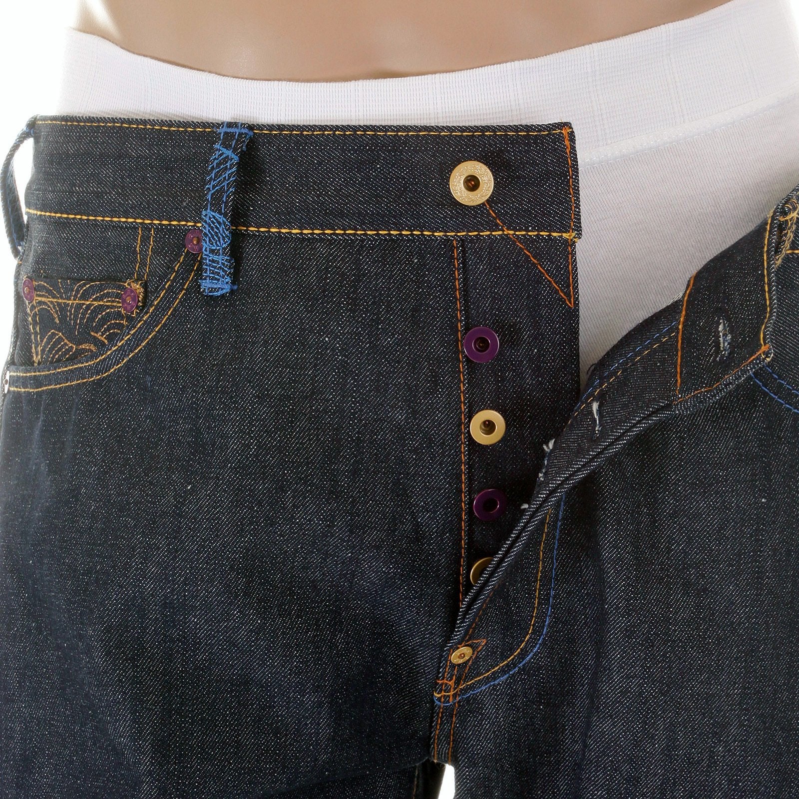 RMC JEANS DARK INDIGO VINTAGE CUT RAW HOUSE SELVEDGE DENIM JEANS WITH MAD PATCH SKY AND BUFF EMBROIDERY REDM3140