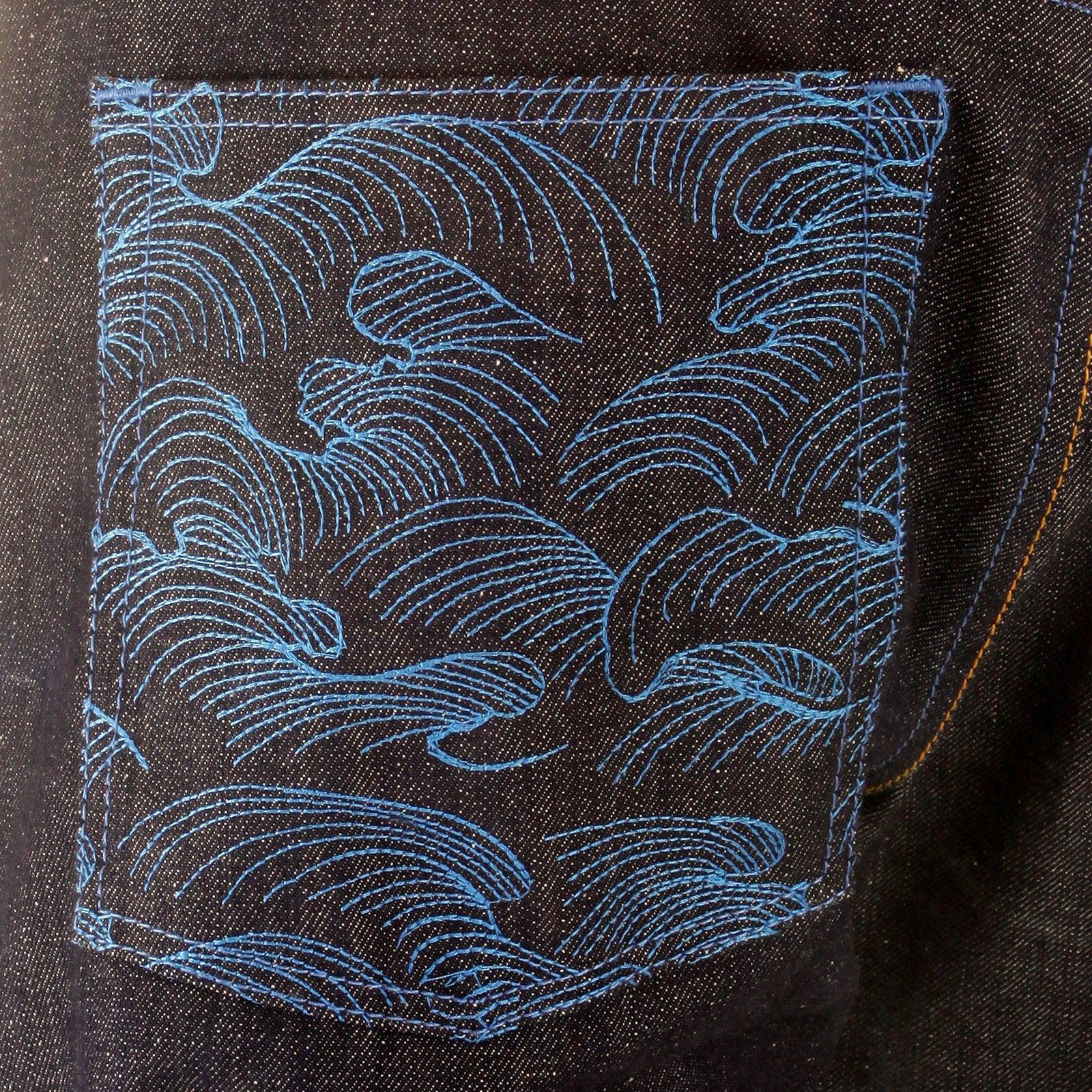 RMC JEANS DARK INDIGO VINTAGE CUT RAW HOUSE SELVEDGE DENIM JEANS WITH MAD PATCH SKY AND BUFF EMBROIDERY REDM3140
