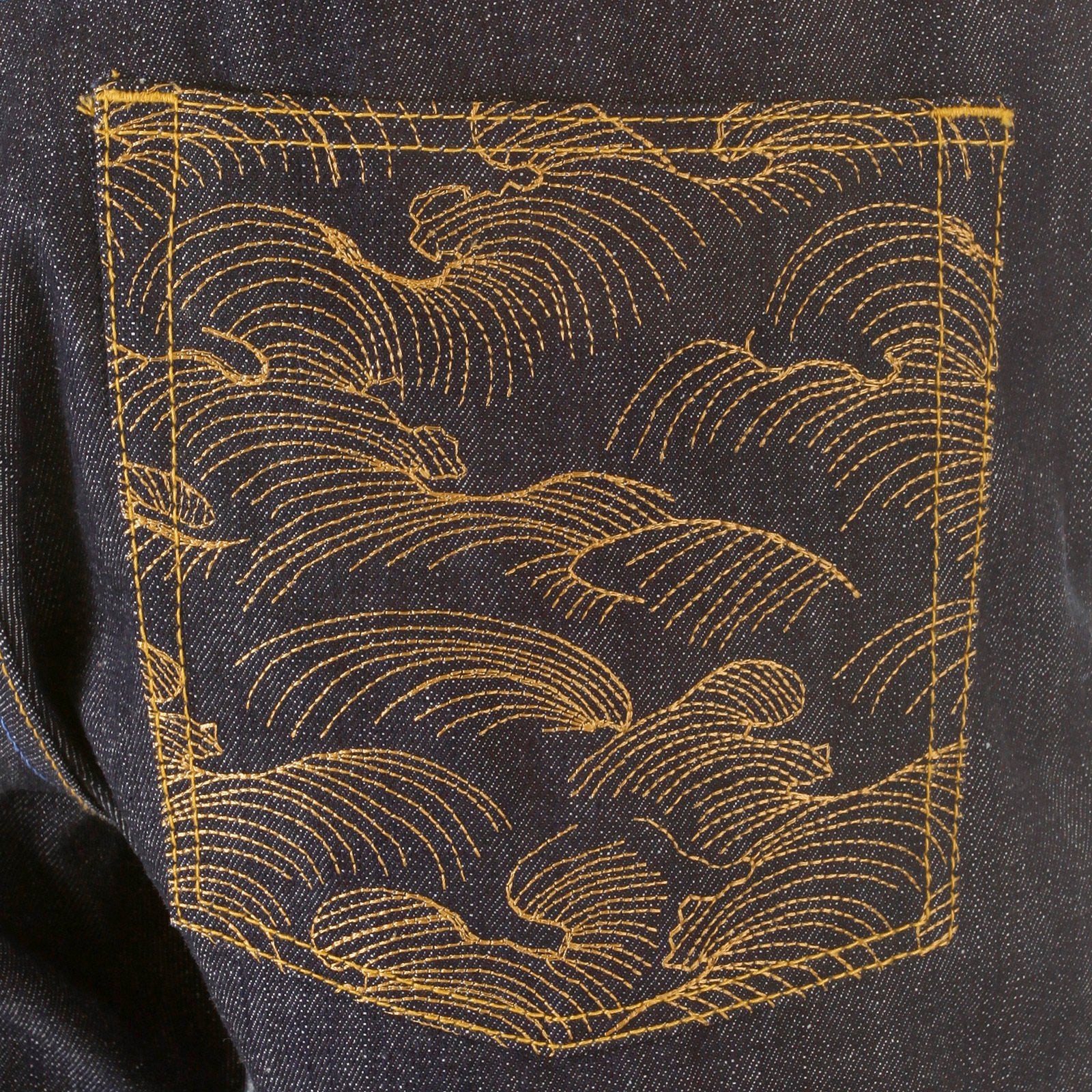 RMC JEANS DARK INDIGO VINTAGE CUT RAW HOUSE SELVEDGE DENIM JEANS WITH MAD PATCH SKY AND BUFF EMBROIDERY REDM3140