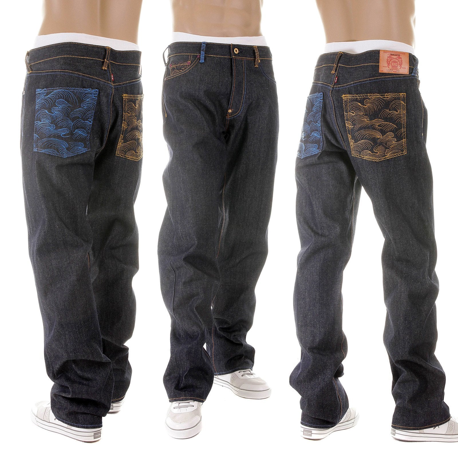 RMC JEANS DARK INDIGO VINTAGE CUT RAW HOUSE SELVEDGE DENIM JEANS WITH MAD PATCH SKY AND BUFF EMBROIDERY REDM3140