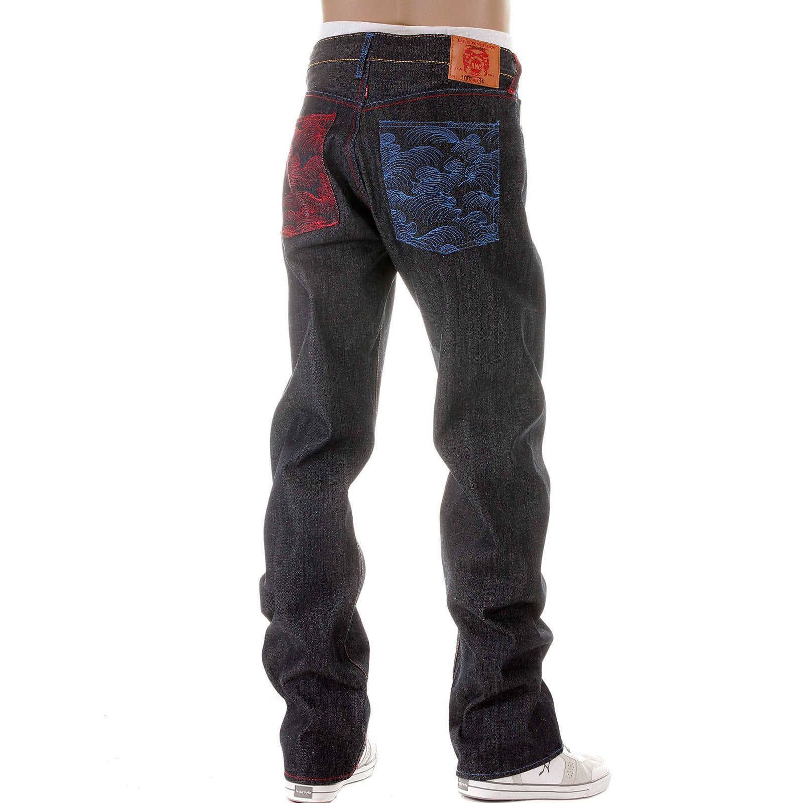 RMC JEANS DARK INDIGO VINTAGE CUT SELVEDGE RAW DENIM JEANS WITH MAD PATCH SCARLET AND SKY EMBROIDERY REDM3129