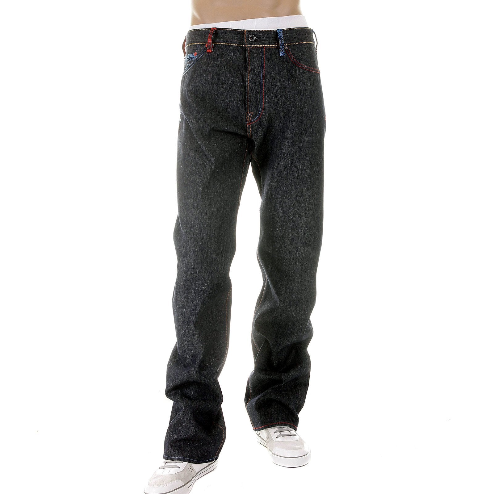 RMC JEANS DARK INDIGO VINTAGE CUT SELVEDGE RAW DENIM JEANS WITH MAD PATCH SCARLET AND SKY EMBROIDERY REDM3129