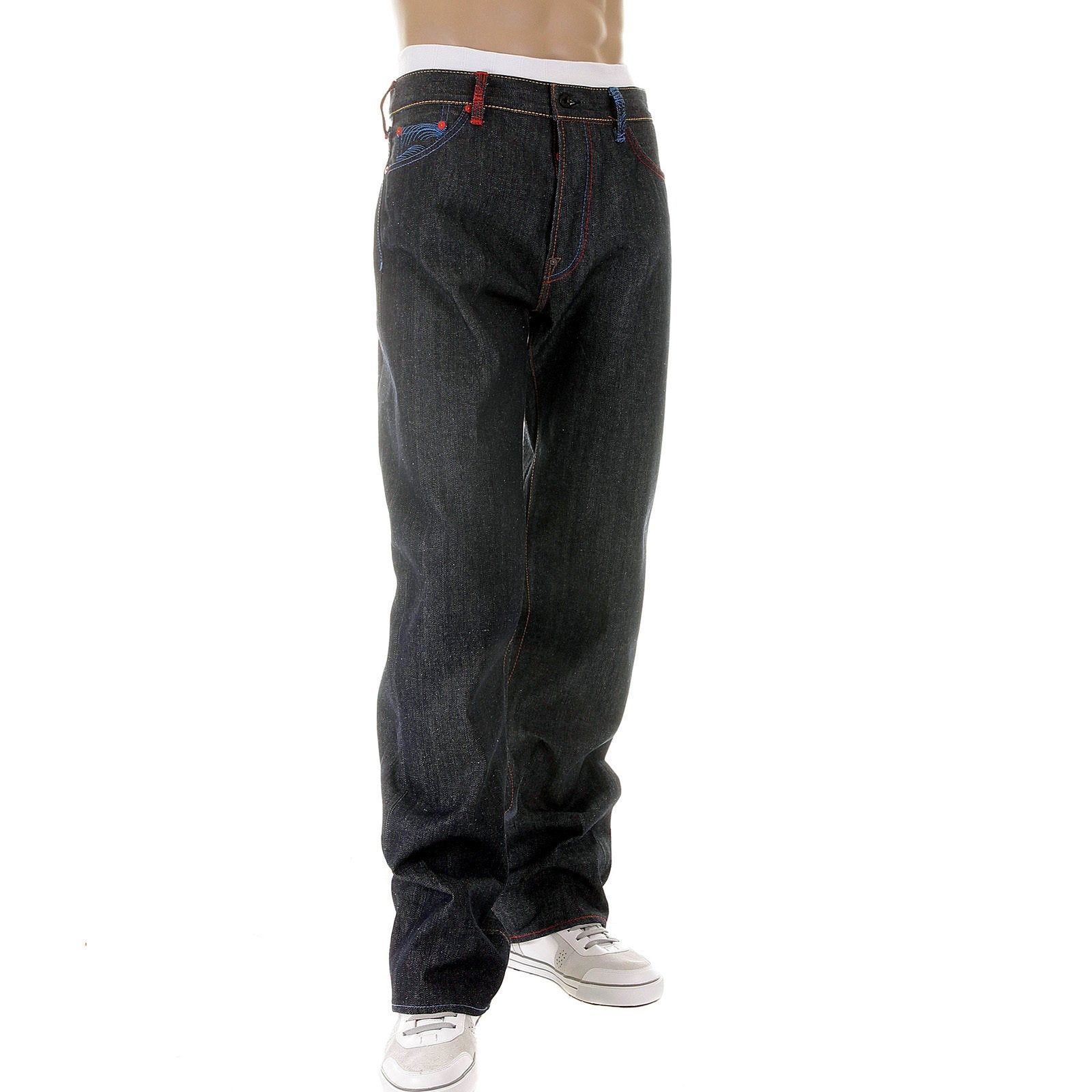 RMC JEANS DARK INDIGO VINTAGE CUT SELVEDGE RAW DENIM JEANS WITH MAD PATCH SCARLET AND SKY EMBROIDERY REDM3129
