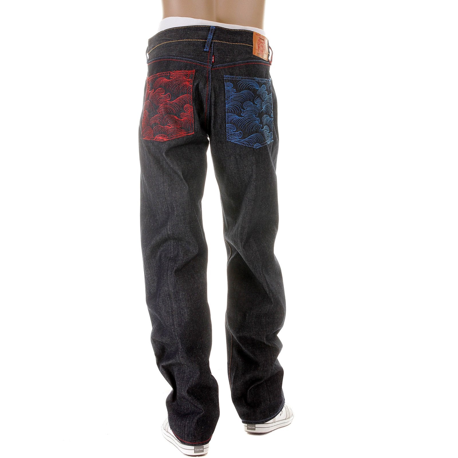 RMC JEANS DARK INDIGO VINTAGE CUT SELVEDGE RAW DENIM JEANS WITH MAD PATCH SCARLET AND SKY EMBROIDERY REDM3129
