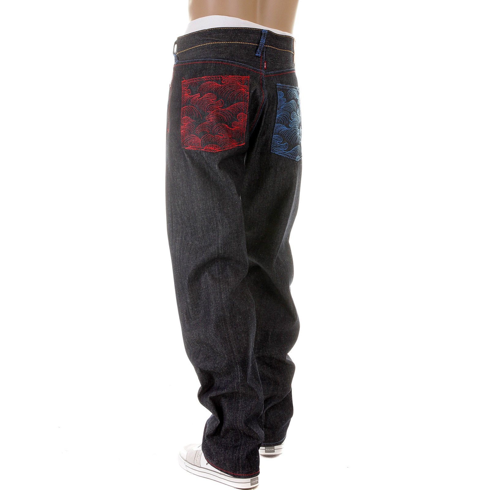 RMC JEANS DARK INDIGO VINTAGE CUT SELVEDGE RAW DENIM JEANS WITH MAD PATCH SCARLET AND SKY EMBROIDERY REDM3129