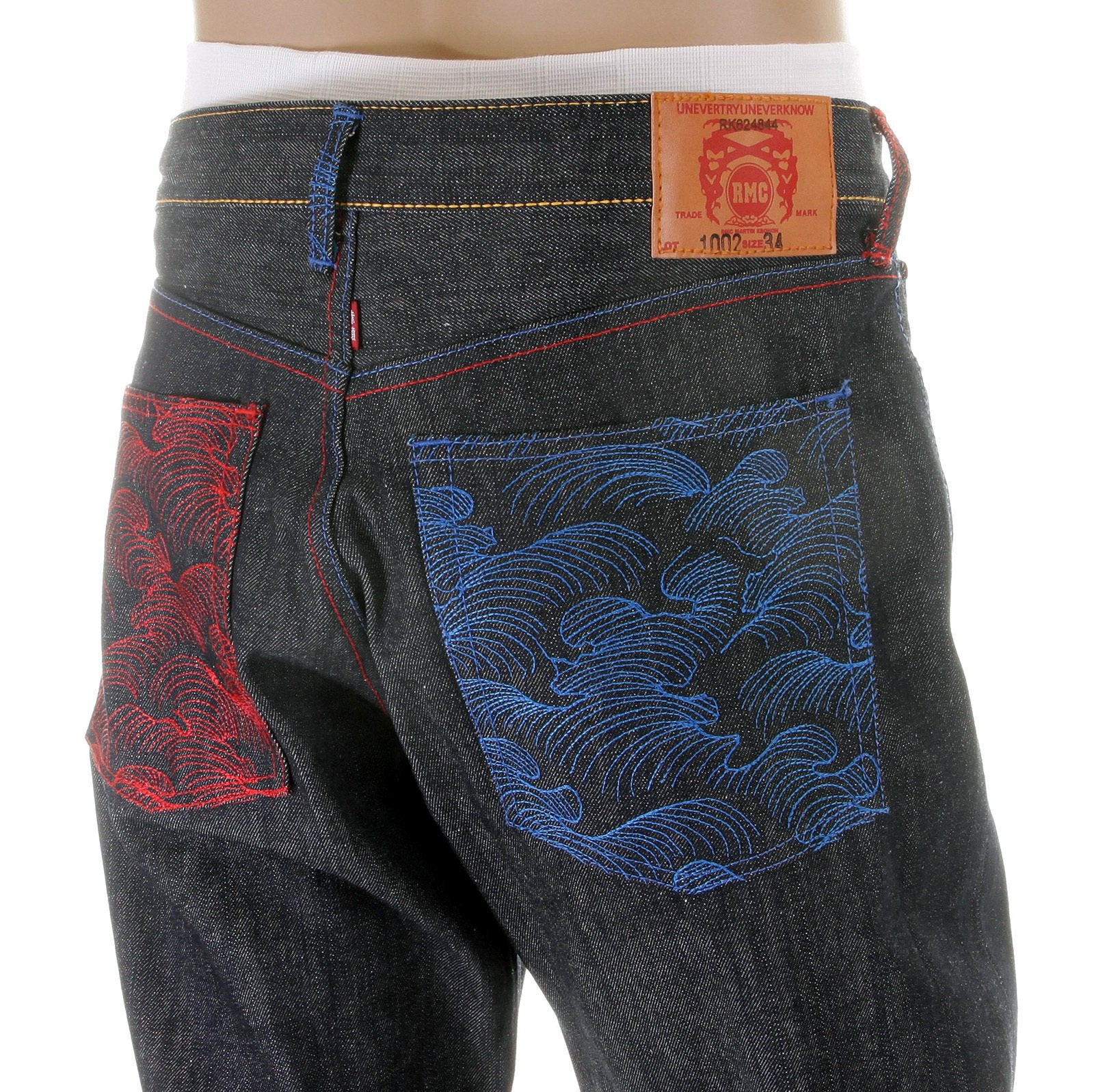 RMC JEANS DARK INDIGO VINTAGE CUT SELVEDGE RAW DENIM JEANS WITH MAD PATCH SCARLET AND SKY EMBROIDERY REDM3129