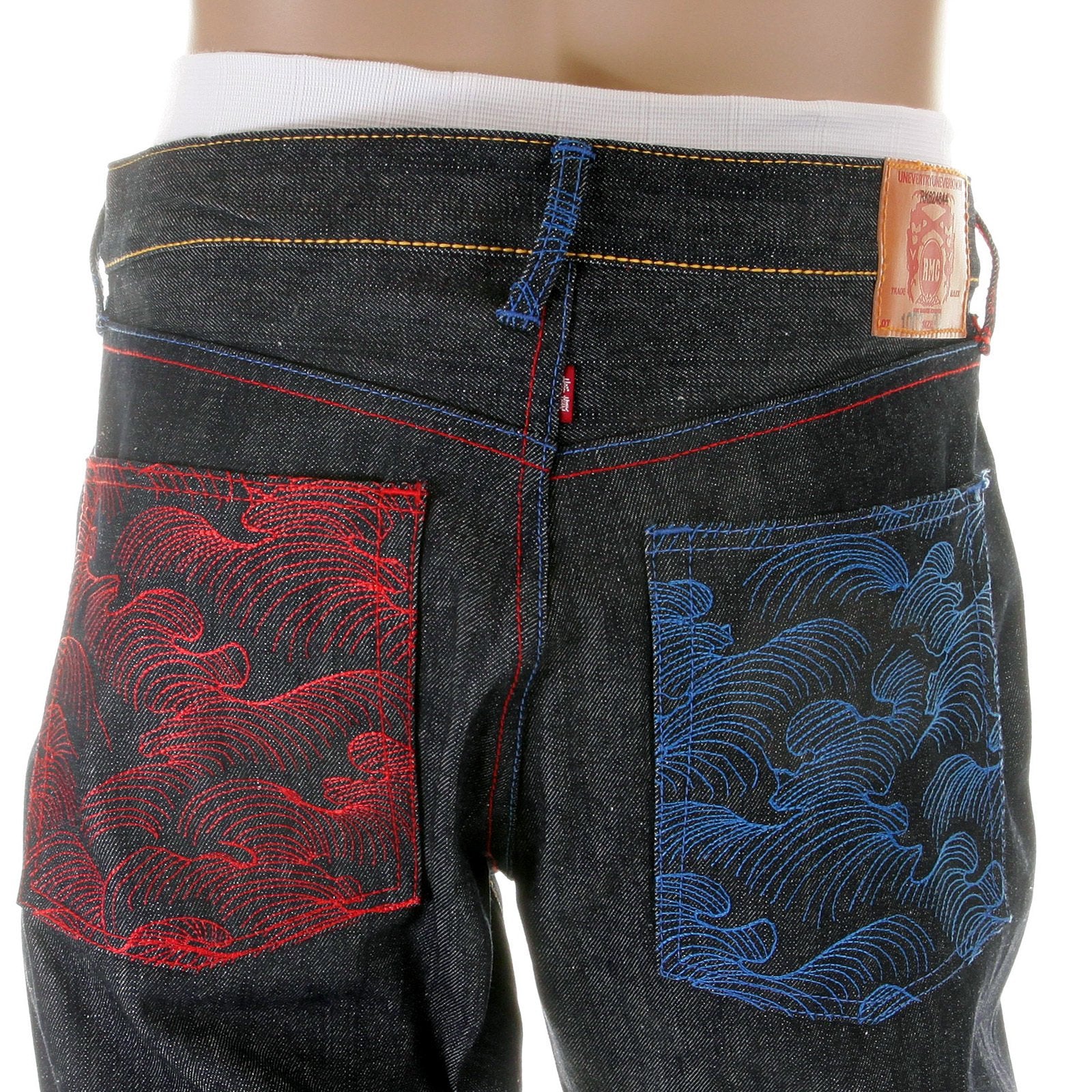 RMC JEANS DARK INDIGO VINTAGE CUT SELVEDGE RAW DENIM JEANS WITH MAD PATCH SCARLET AND SKY EMBROIDERY REDM3129