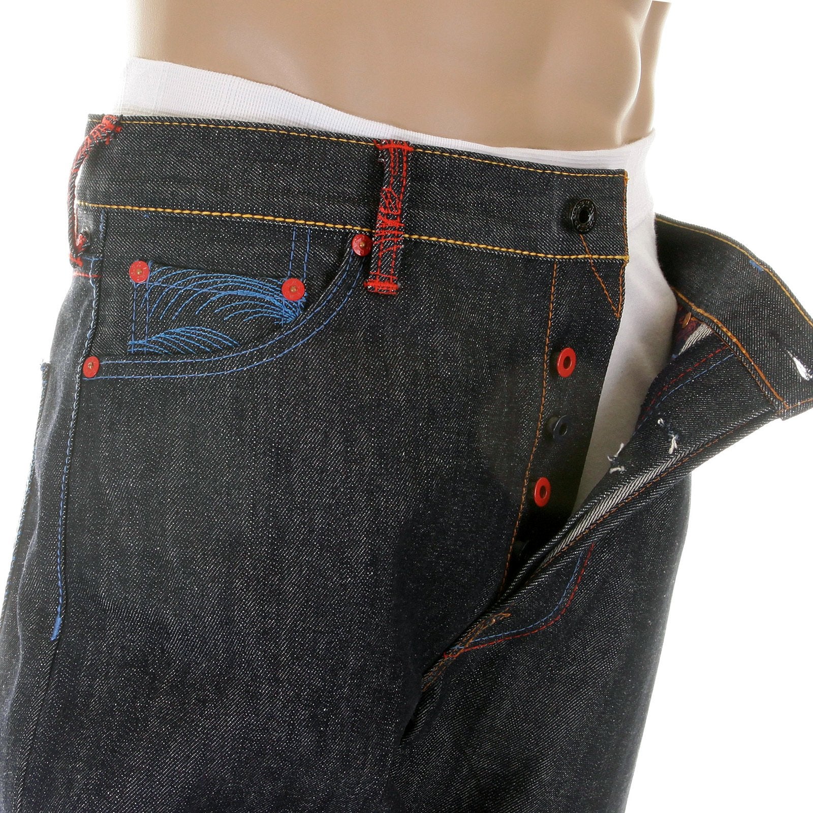 RMC JEANS DARK INDIGO VINTAGE CUT SELVEDGE RAW DENIM JEANS WITH MAD PATCH SCARLET AND SKY EMBROIDERY REDM3129