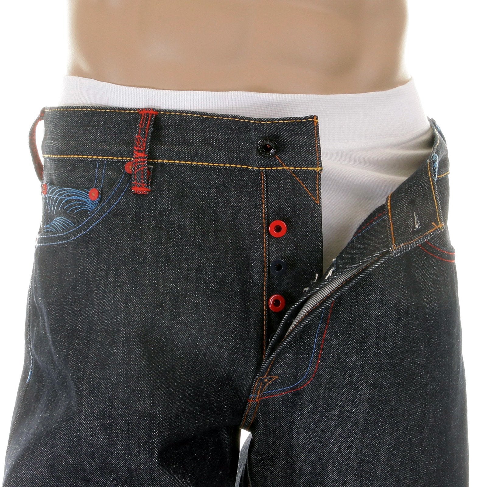 RMC JEANS DARK INDIGO VINTAGE CUT SELVEDGE RAW DENIM JEANS WITH MAD PATCH SCARLET AND SKY EMBROIDERY REDM3129