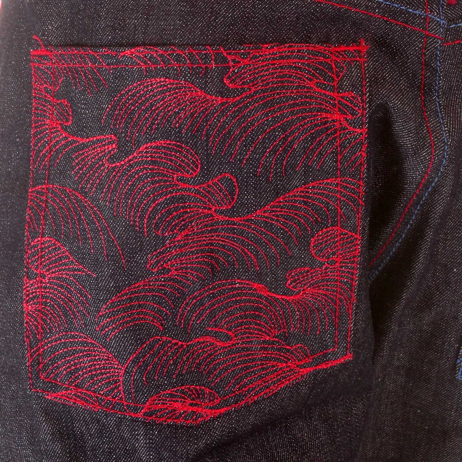 RMC JEANS DARK INDIGO VINTAGE CUT SELVEDGE RAW DENIM JEANS WITH MAD PATCH SCARLET AND SKY EMBROIDERY REDM3129