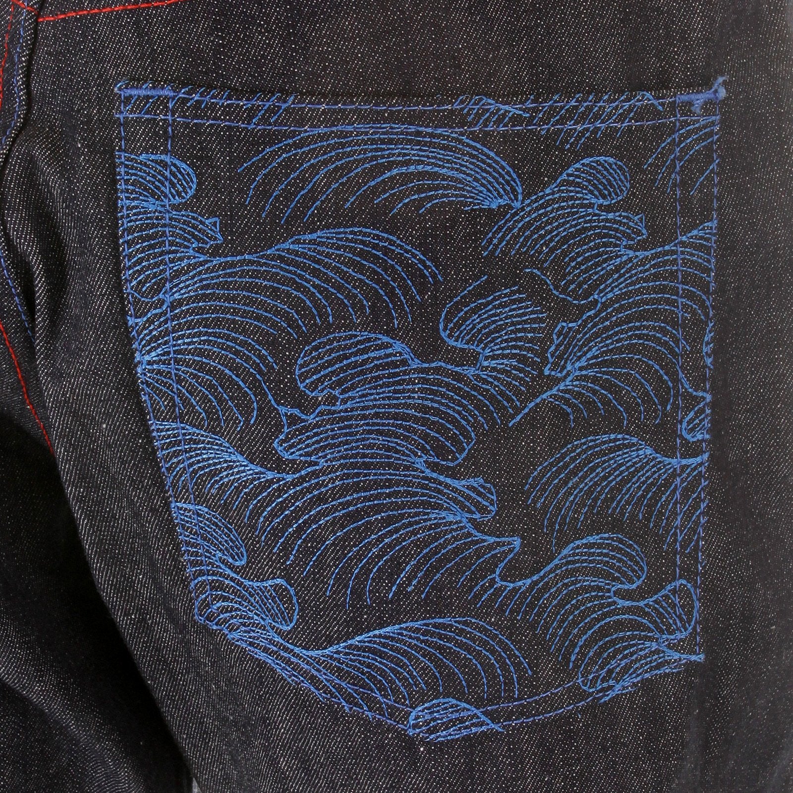 RMC JEANS DARK INDIGO VINTAGE CUT SELVEDGE RAW DENIM JEANS WITH MAD PATCH SCARLET AND SKY EMBROIDERY REDM3129