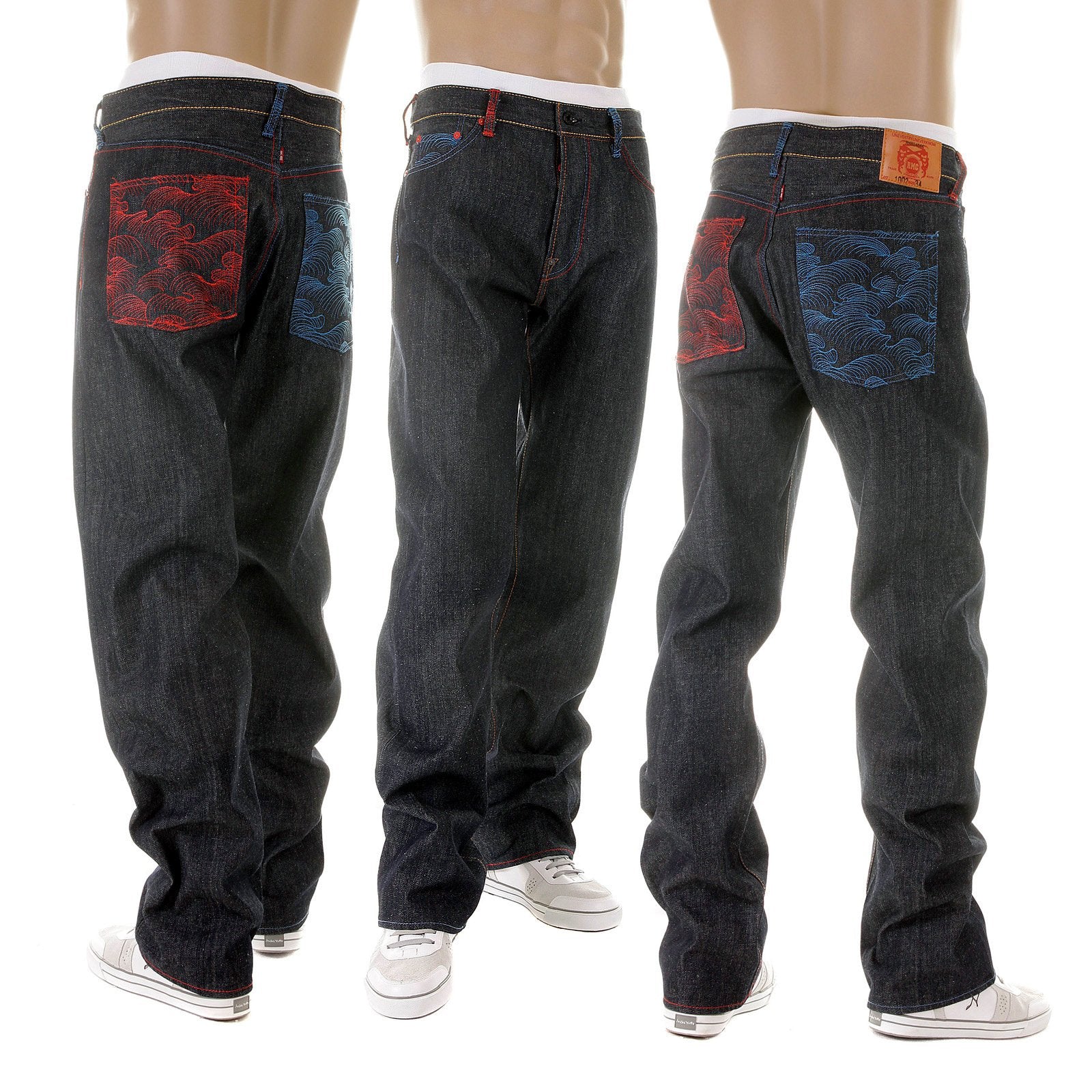 RMC JEANS DARK INDIGO VINTAGE CUT SELVEDGE RAW DENIM JEANS WITH MAD PATCH SCARLET AND SKY EMBROIDERY REDM3129