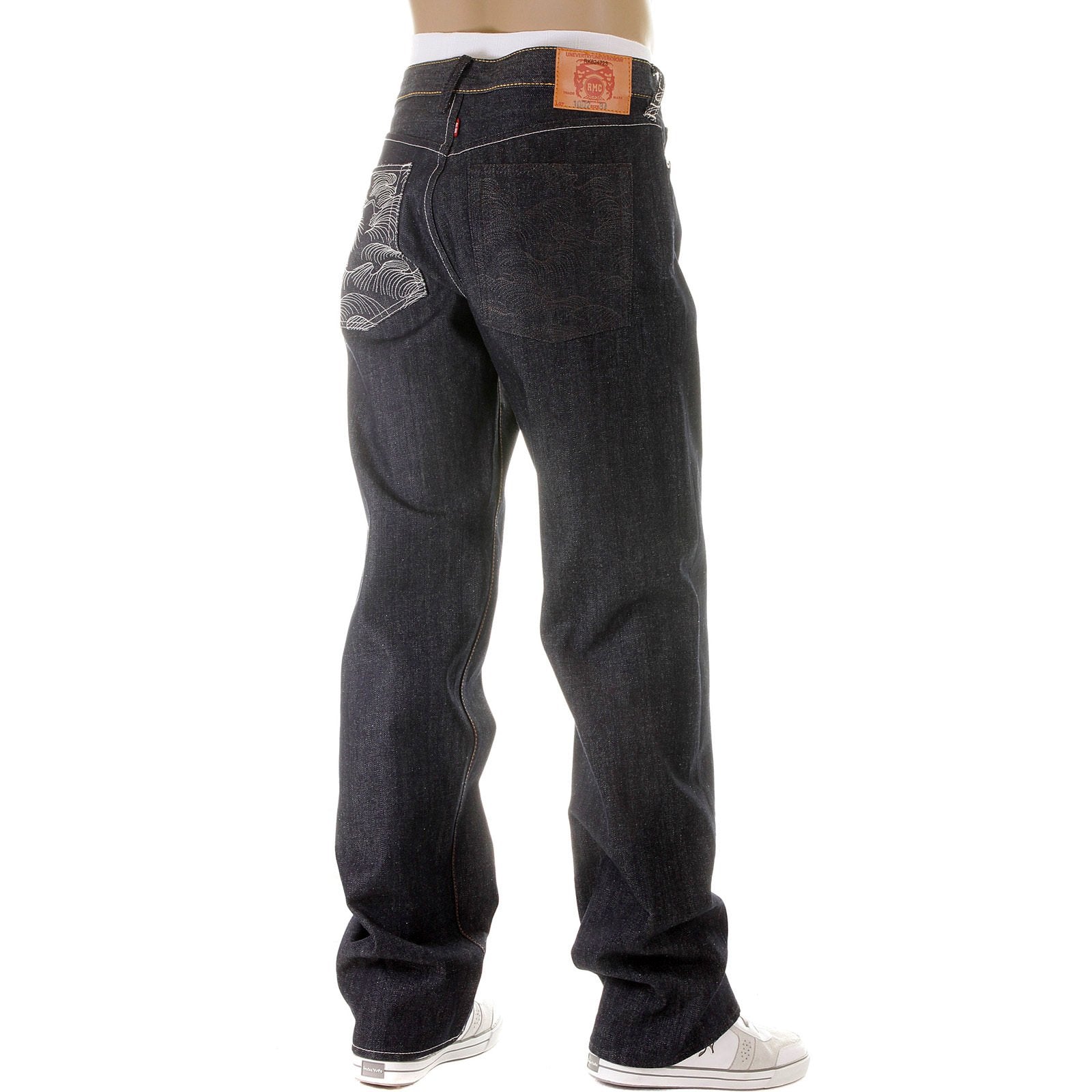 RMC JEANS DARK INDIGO VINTAGE CUT RAW DENIM JEANS WITH MAD PATCH OFF WHITE AND CHARCOAL EMBROIDERY REDM3133