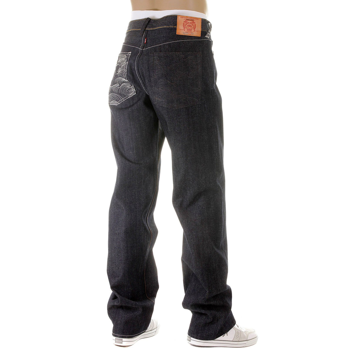 RMC JEANS DARK INDIGO VINTAGE CUT RAW DENIM JEANS WITH MAD PATCH OFF WHITE AND CHARCOAL EMBROIDERY REDM3133