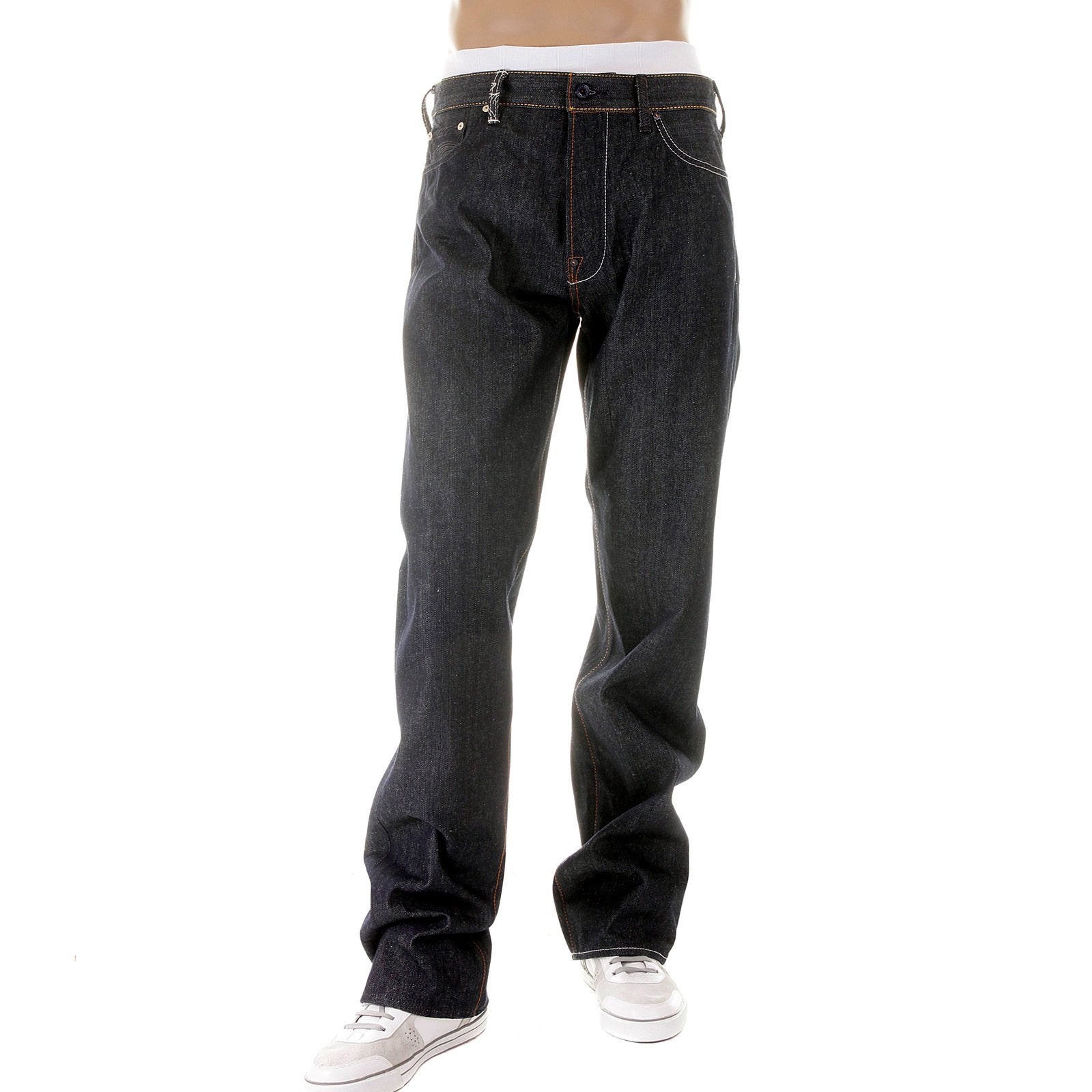 RMC JEANS DARK INDIGO VINTAGE CUT RAW DENIM JEANS WITH MAD PATCH OFF WHITE AND CHARCOAL EMBROIDERY REDM3133
