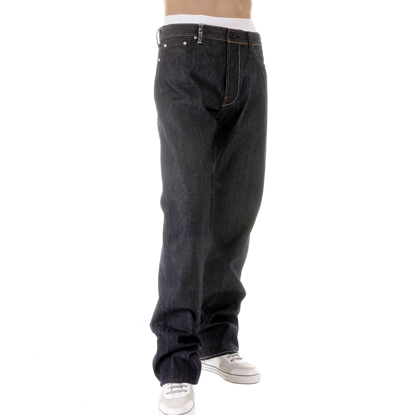 RMC JEANS DARK INDIGO VINTAGE CUT RAW DENIM JEANS WITH MAD PATCH OFF WHITE AND CHARCOAL EMBROIDERY REDM3133
